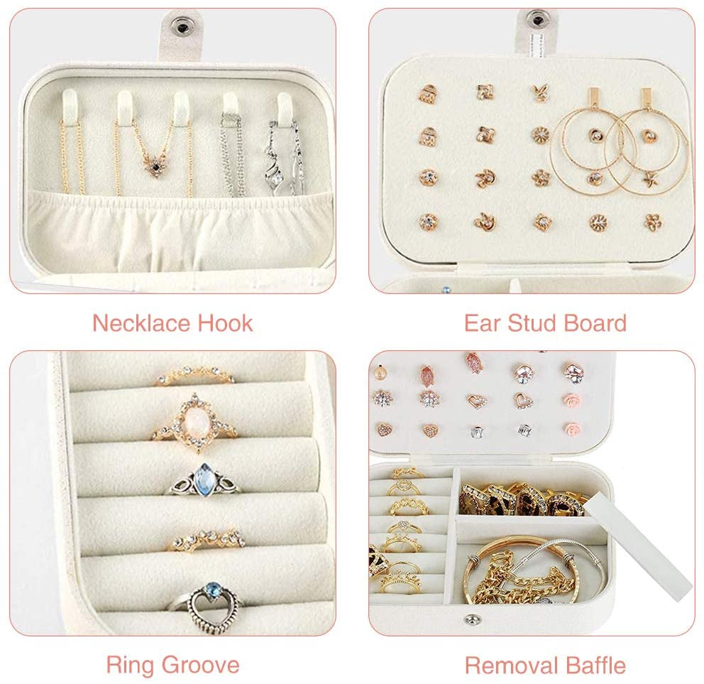 PU Leather Jewelry Box | Travel Organizer for Necklaces, Rings, Earrings (Glitter White)