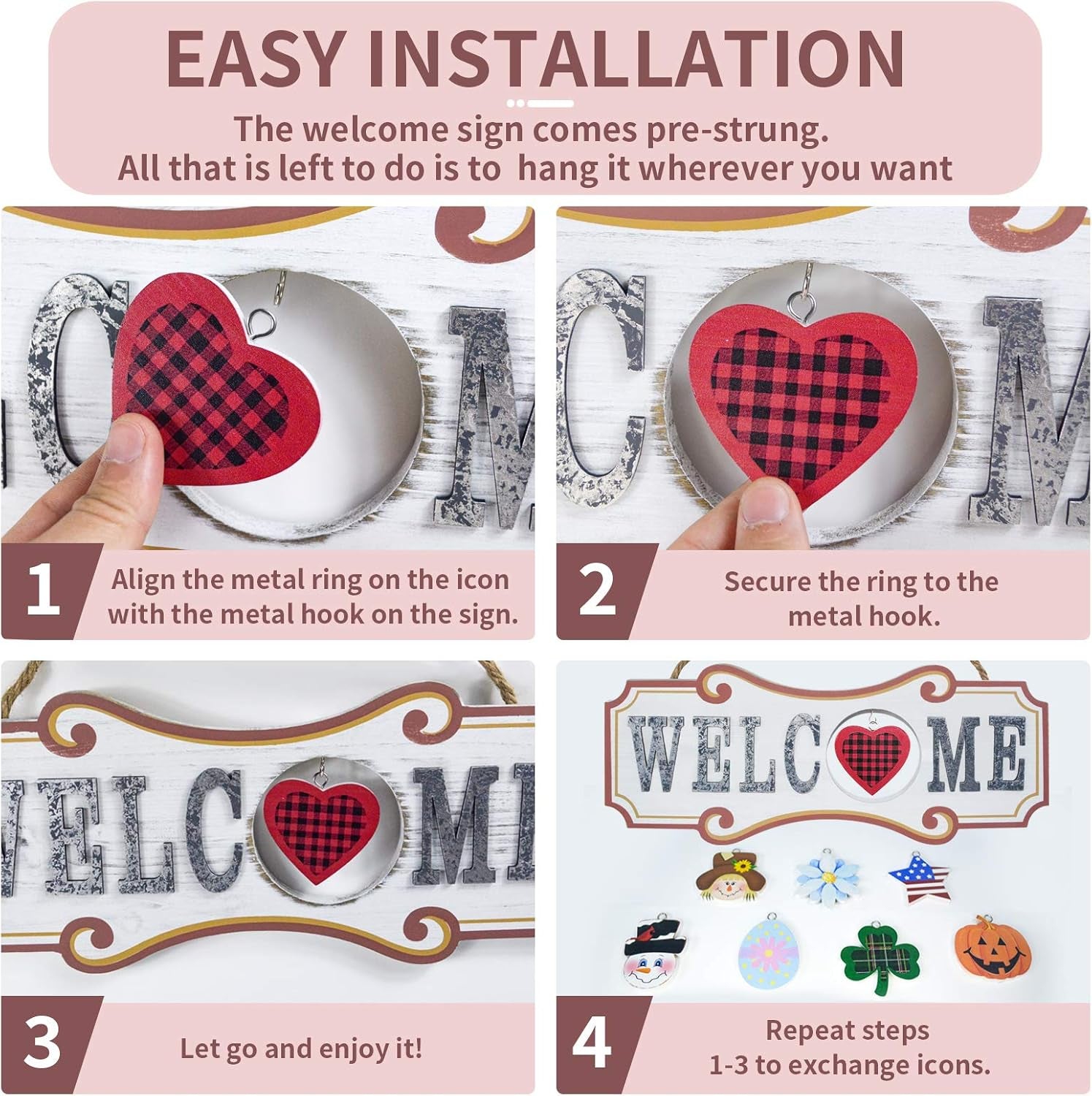 Wooden Interchangeable Welcome Sign with Wreath & Hardware (4.38" x 6.57")