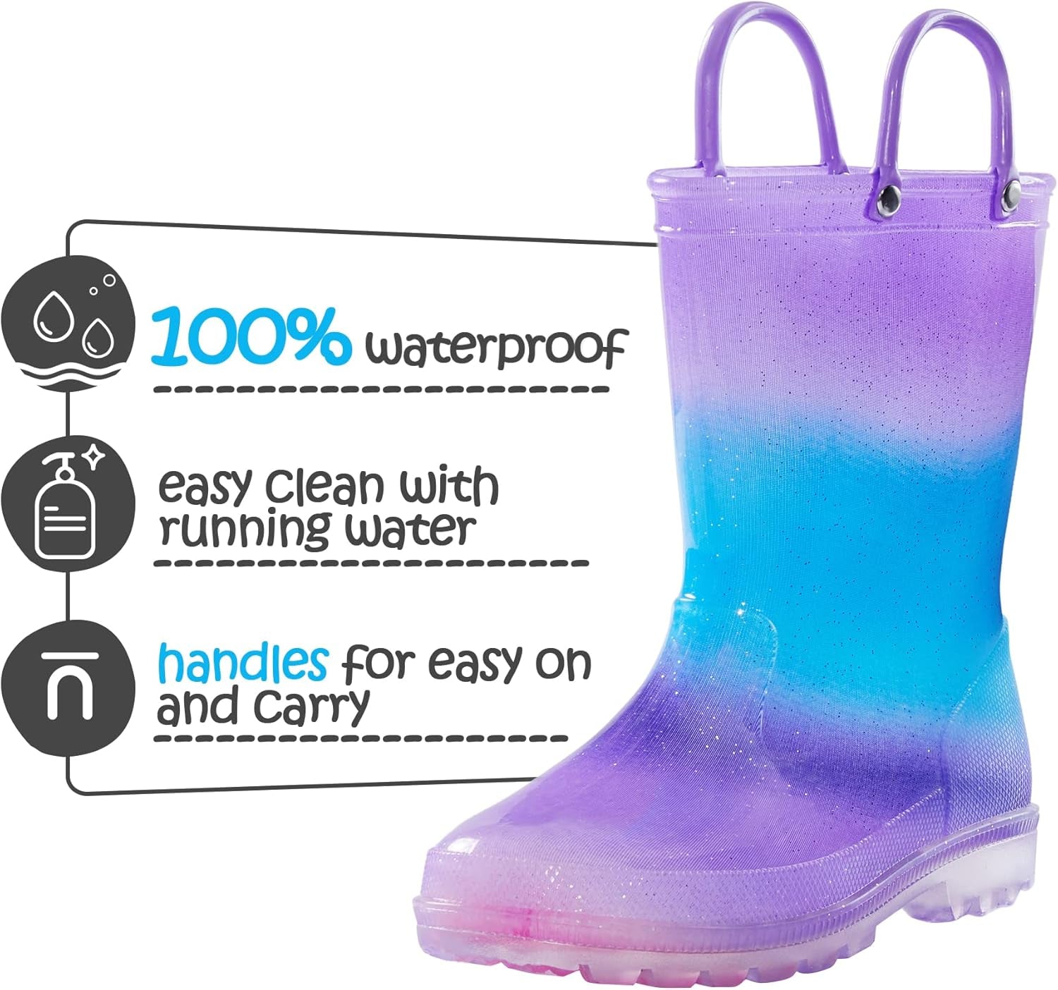 Kids Waterproof Light-Up Rain Boots with Easy-On Handles