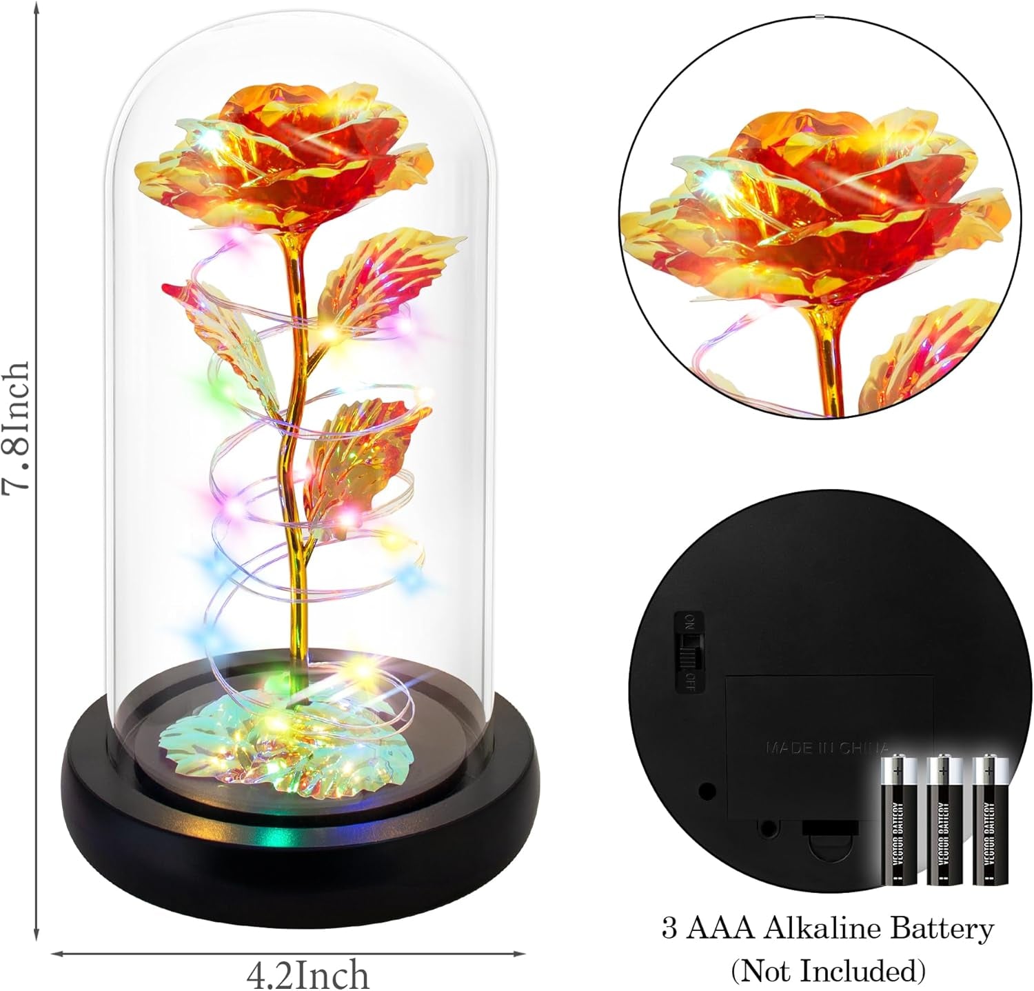 Colorful Light-Up Rose in Glass Dome | Mother’s Day & Birthday Gift for Mom, Wife, Grandma