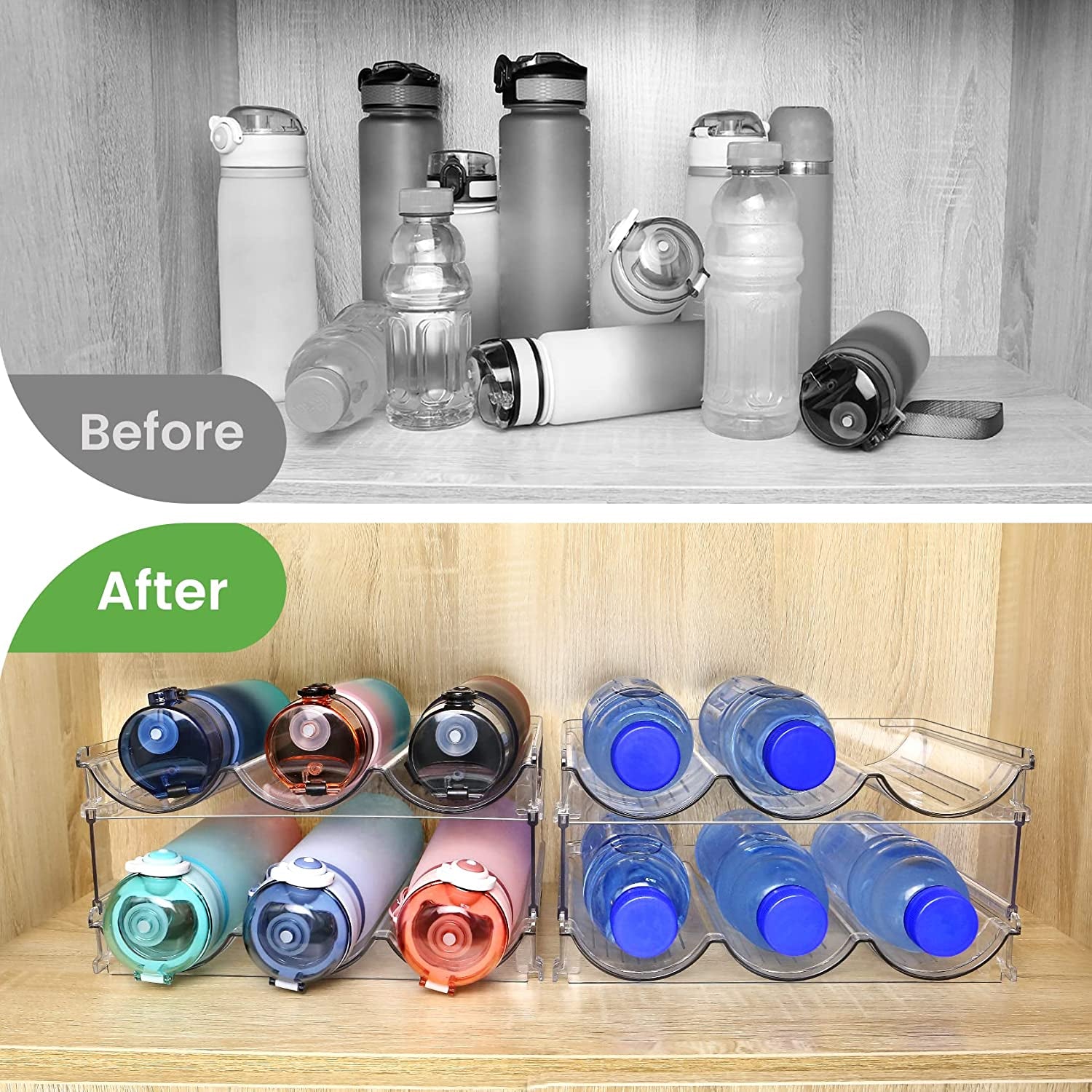 Water Bottle Organizer – 2-Pack Stackable Storage Rack for Cabinets