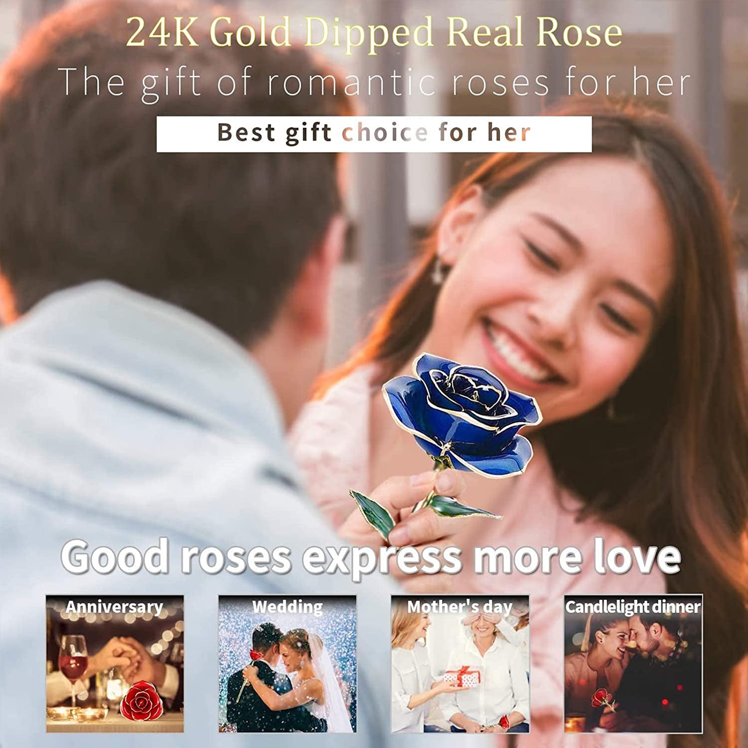 24K Golden Rose Birthday Gift for Her | Real Fresh Long Stem Rose with Stand (Blue)