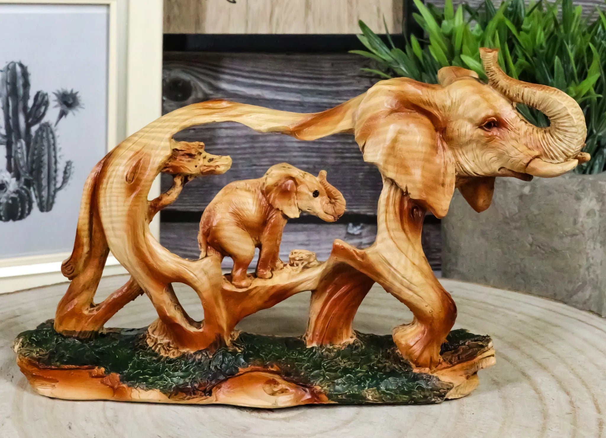 Faux Wood Elephant Family Garden Statue 4.5 Inch