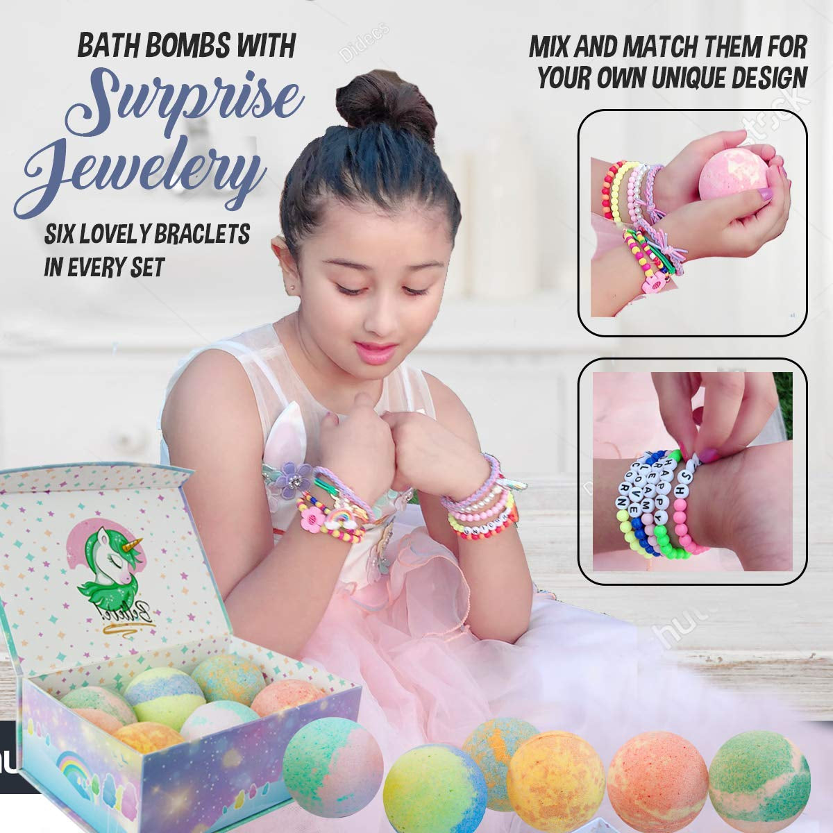 Unicorn Bath Bombs with Jewelry & Toy for Girls | Organic, Skin Moisturizing Gift