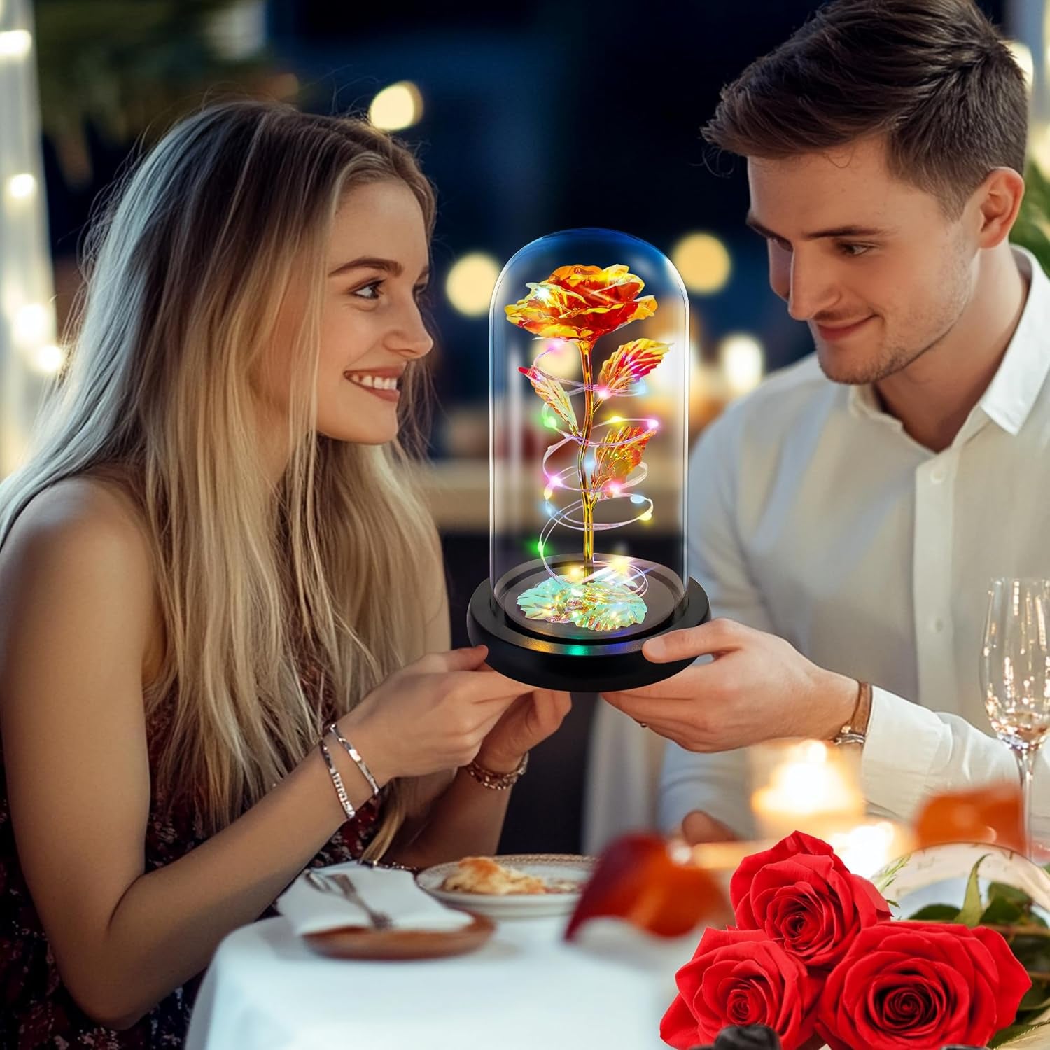 Colorful Light-Up Rose in Glass Dome | Mother’s Day & Birthday Gift for Mom, Wife, Grandma