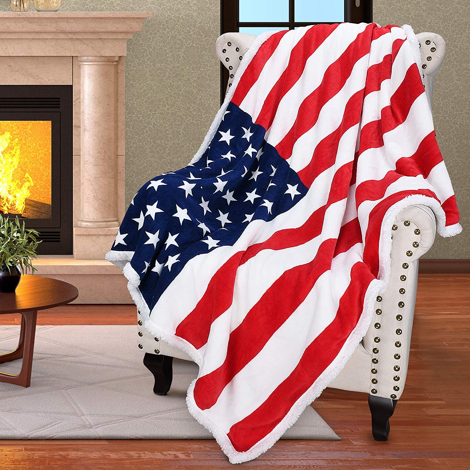 Patriotic US Flag Sherpa Blanket | Reversible Throw for Couch & Bed Decor
