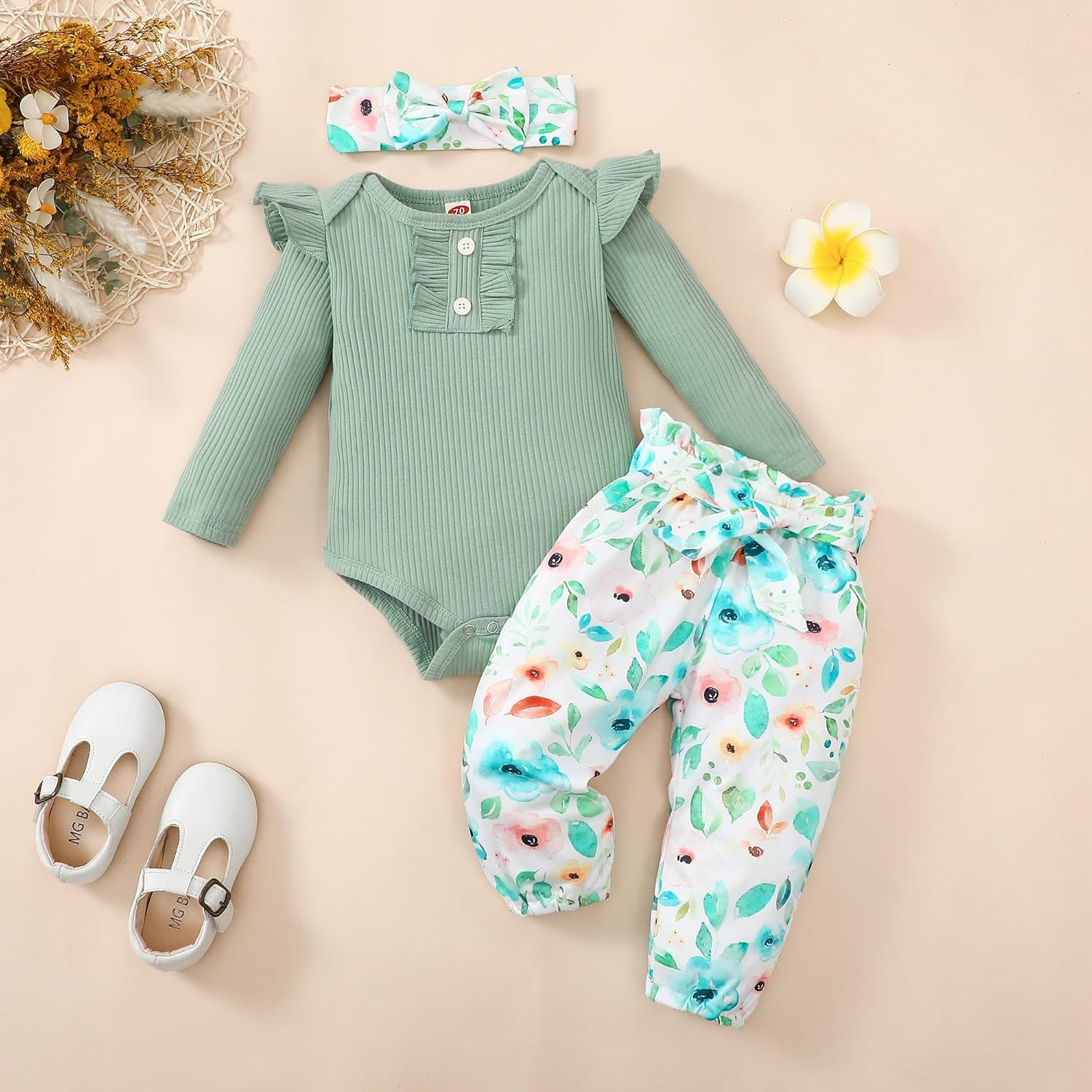 Newborn Baby Girl Outfit | Ruffled Romper, Floral Pants & Headband