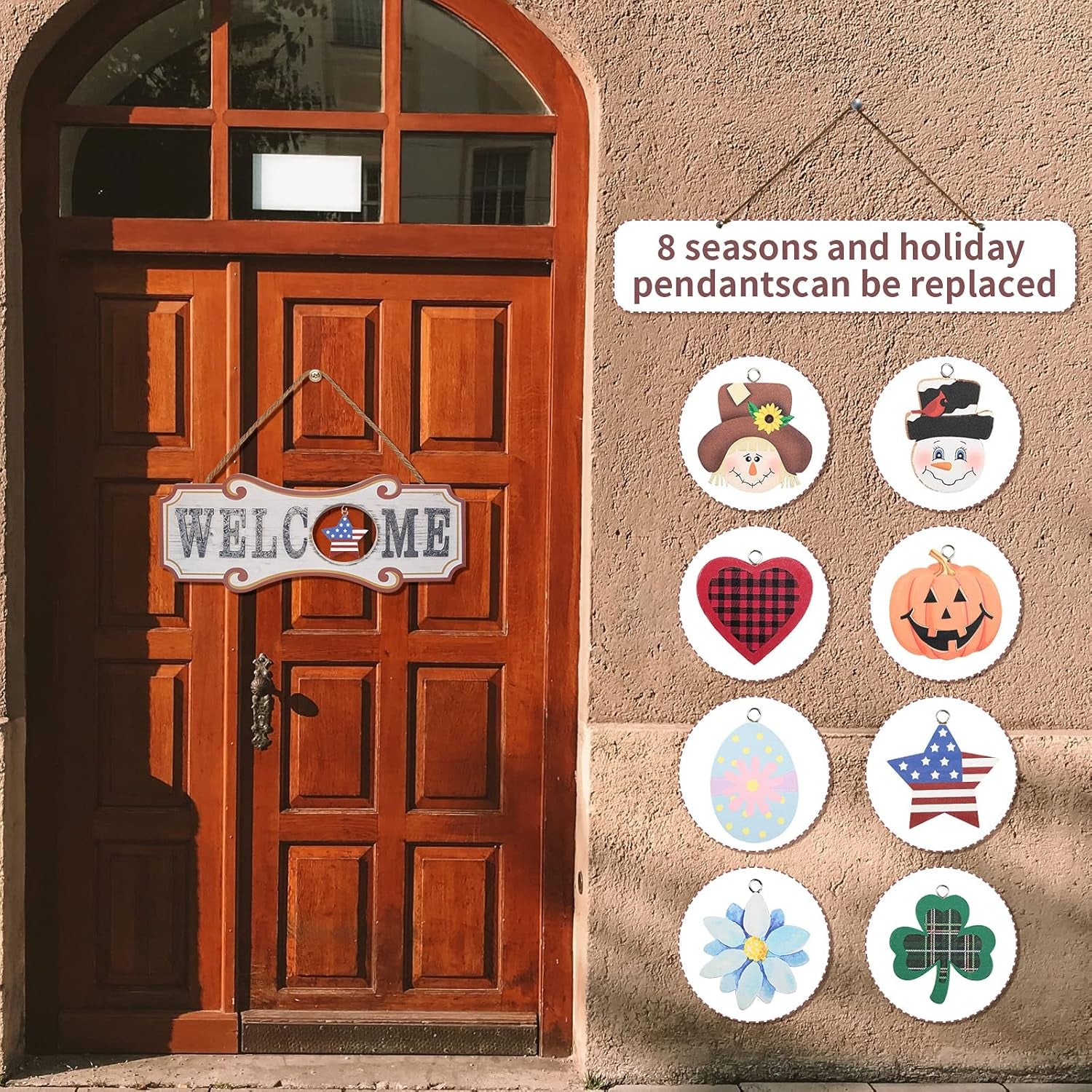 Wooden Interchangeable Welcome Sign with Wreath & Hardware (4.38" x 6.57")