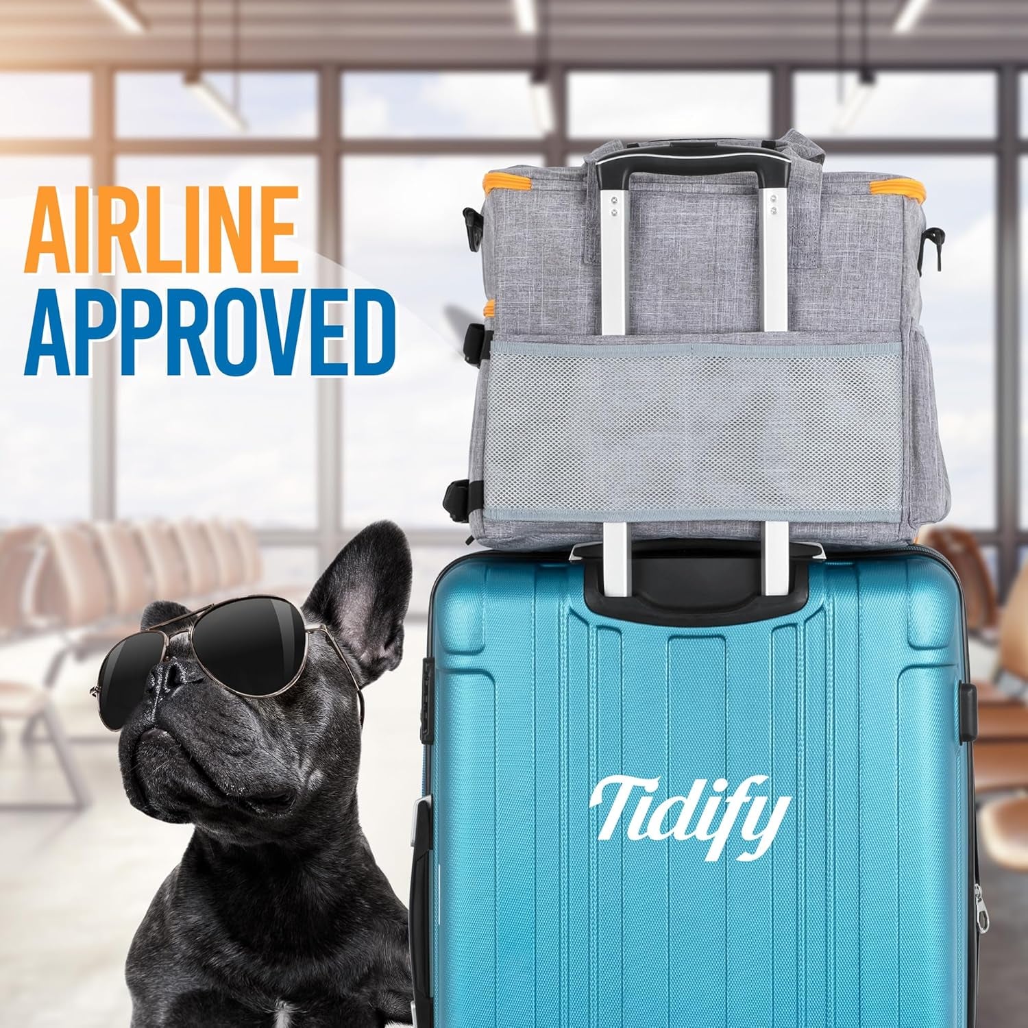Airline Approved Dog Travel Bag with Tote Organizer, Food Containers & Collapsible Bowls - Gray