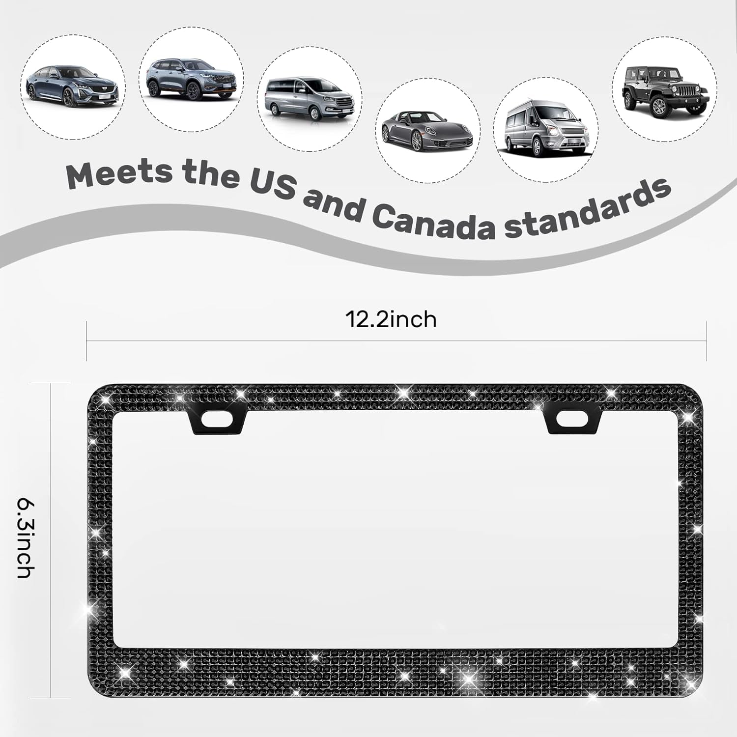 2-Pack Bling License Plate Frames | Rhinestone Car Covers with Glitter Crystals (Black)