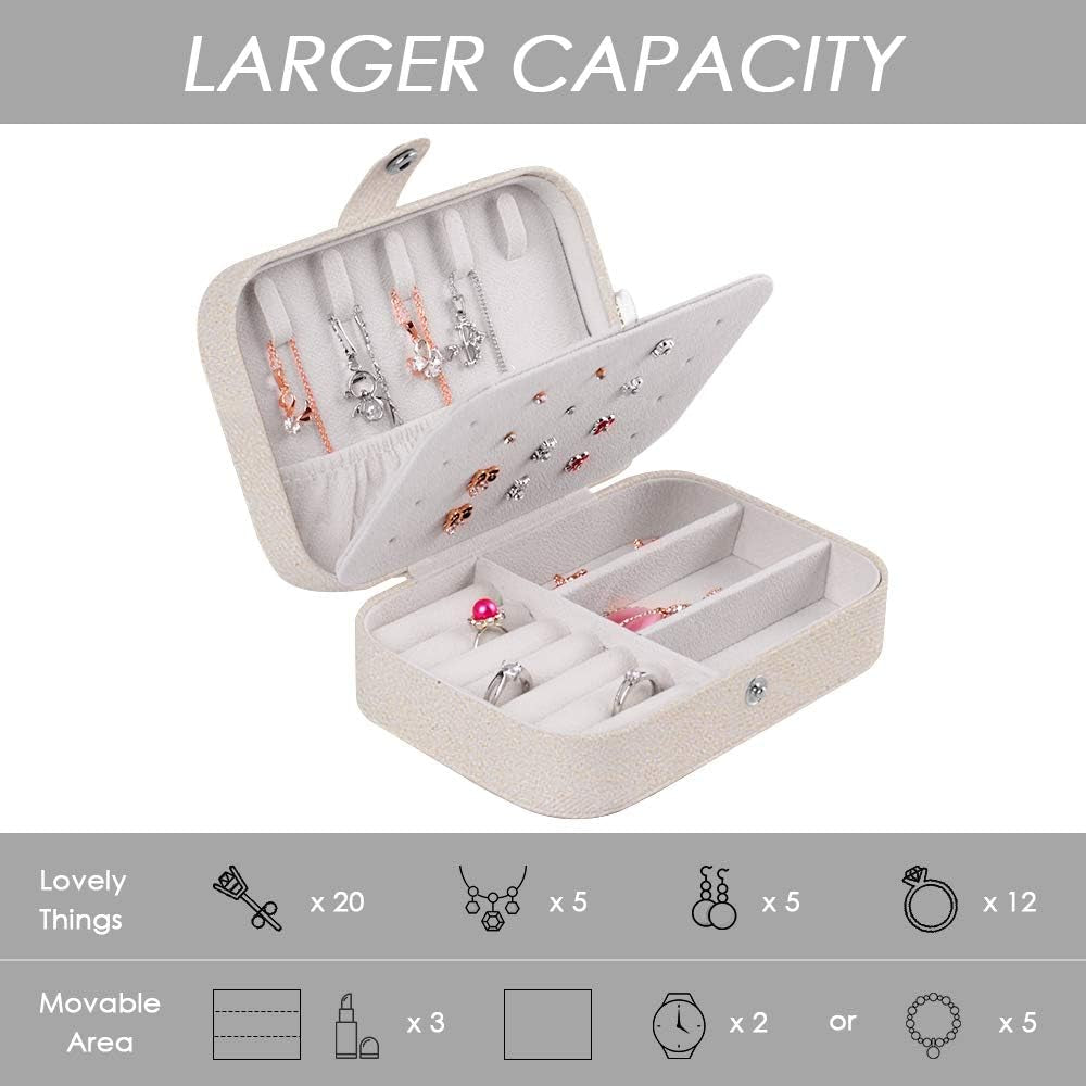PU Leather Jewelry Box | Travel Organizer for Necklaces, Rings, Earrings (Glitter White)