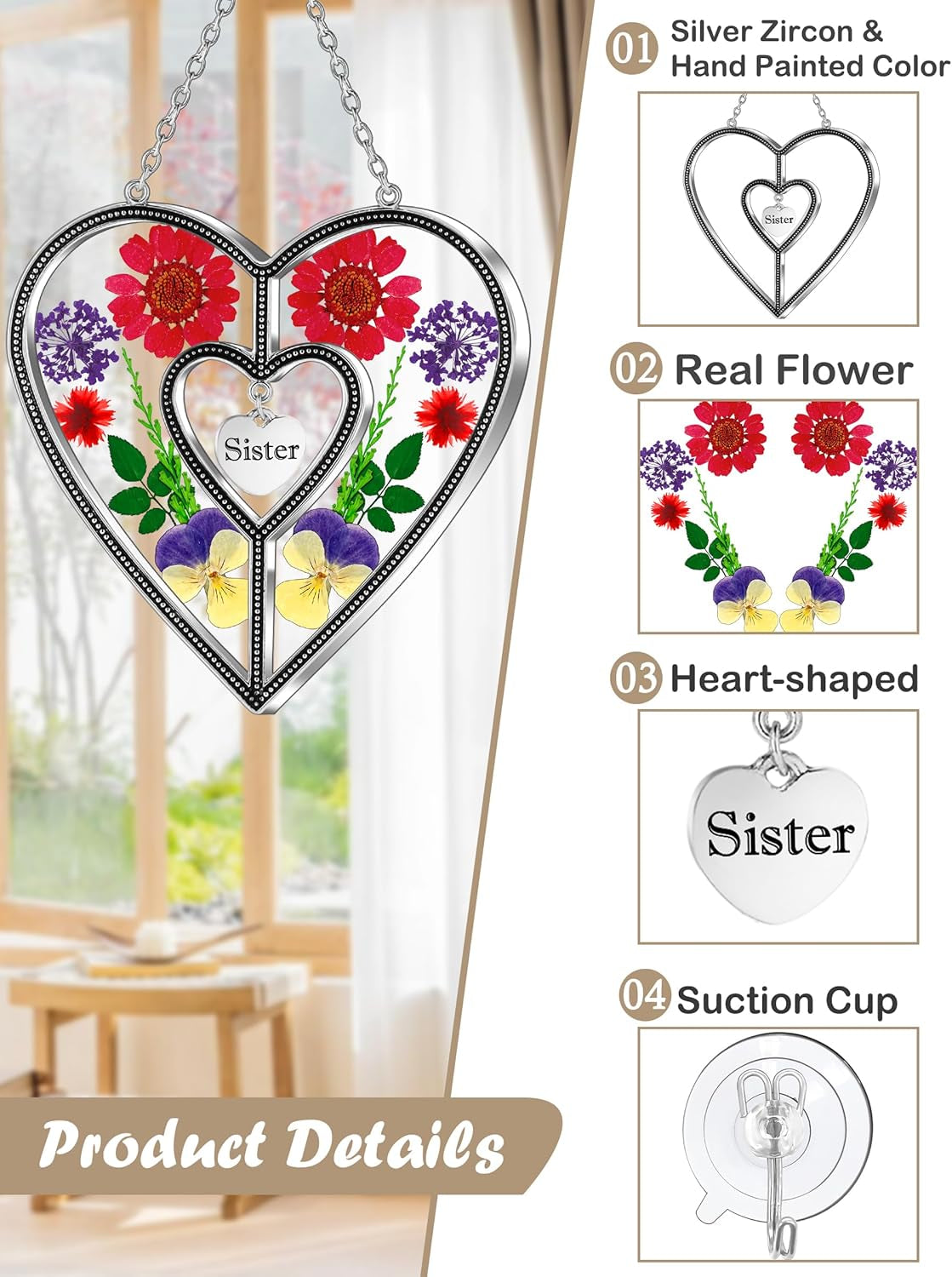Heart Suncatcher with Real Flower | Stained Glass Window Hanging for Women