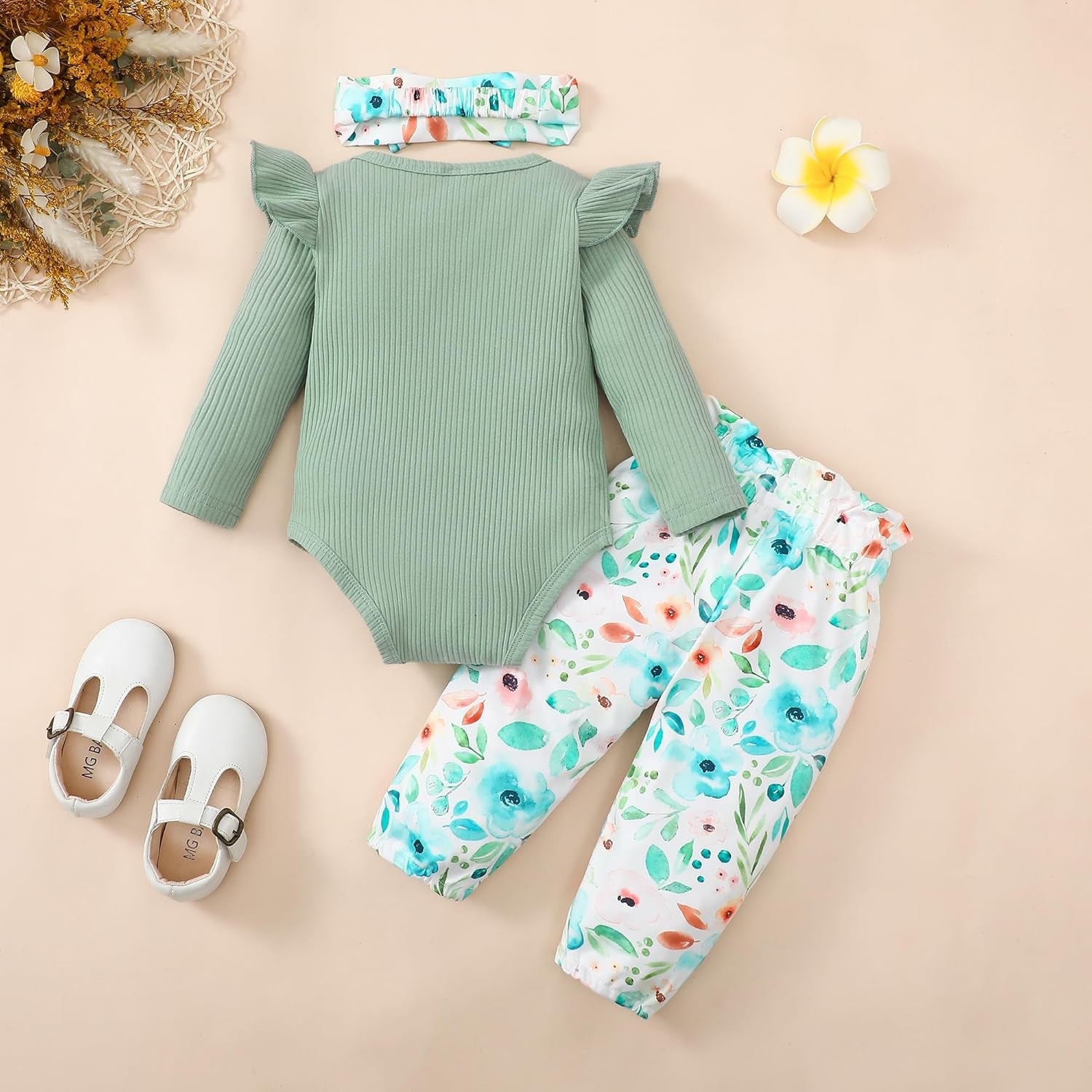 Newborn Baby Girl Outfit | Ruffled Romper, Floral Pants & Headband