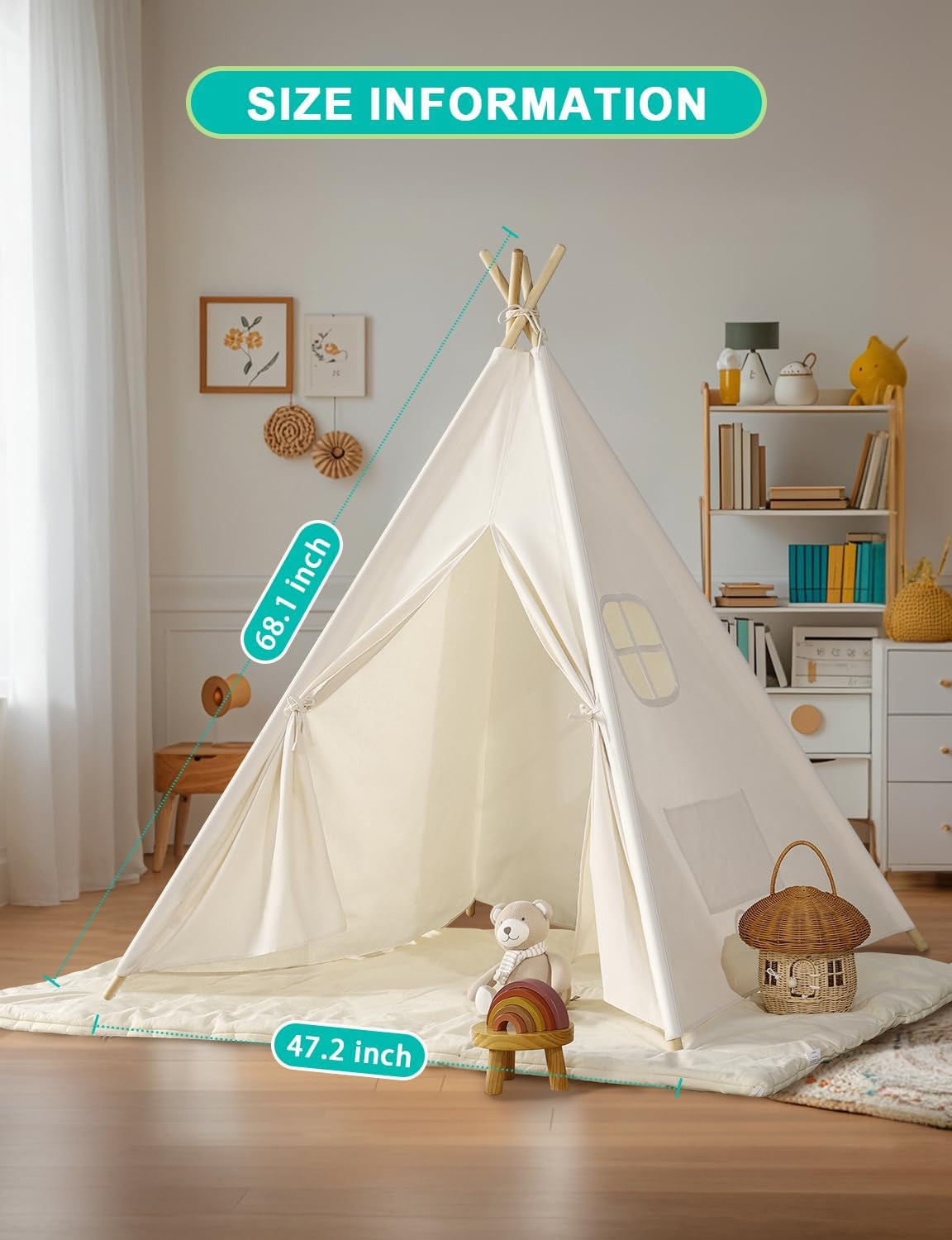 Kids Teepee Tent – Foldable Canvas Play Tent with Lights & Bag for Indoor/Outdoor Use