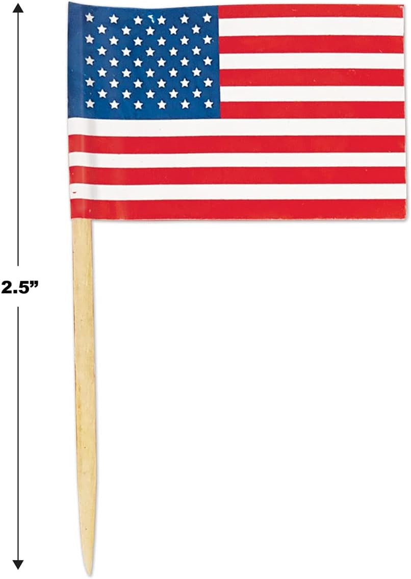 Mini US Flag Picks | Patriotic Toothpick Flags for Party Decor, Cupcakes & Appetizers (Packaged)