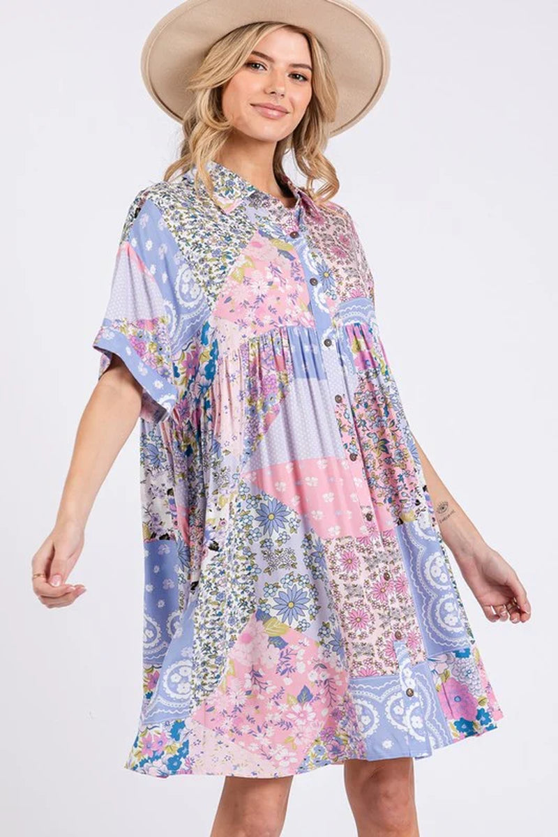 Floral Collared Half Sleeve Mini Shirt Dress
