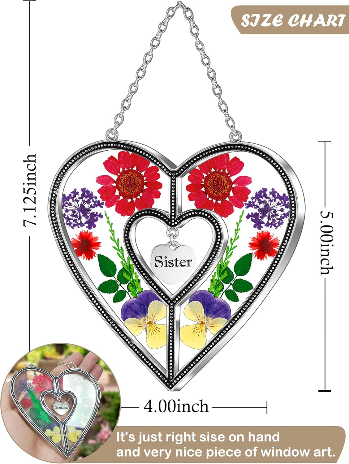 Heart Suncatcher with Real Flower | Stained Glass Window Hanging for Women