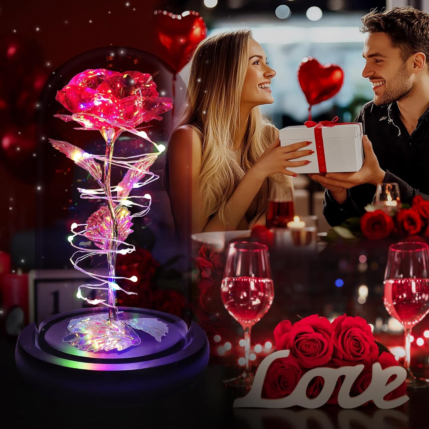 Colorful Light-Up Rose in Glass Dome | Mother’s Day & Birthday Gift for Mom, Wife, Grandma