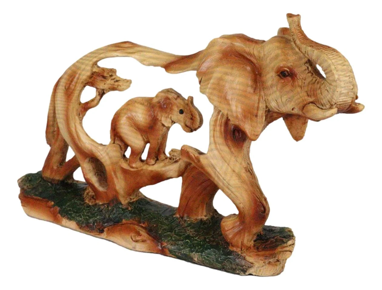 Faux Wood Elephant Family Garden Statue 4.5 Inch