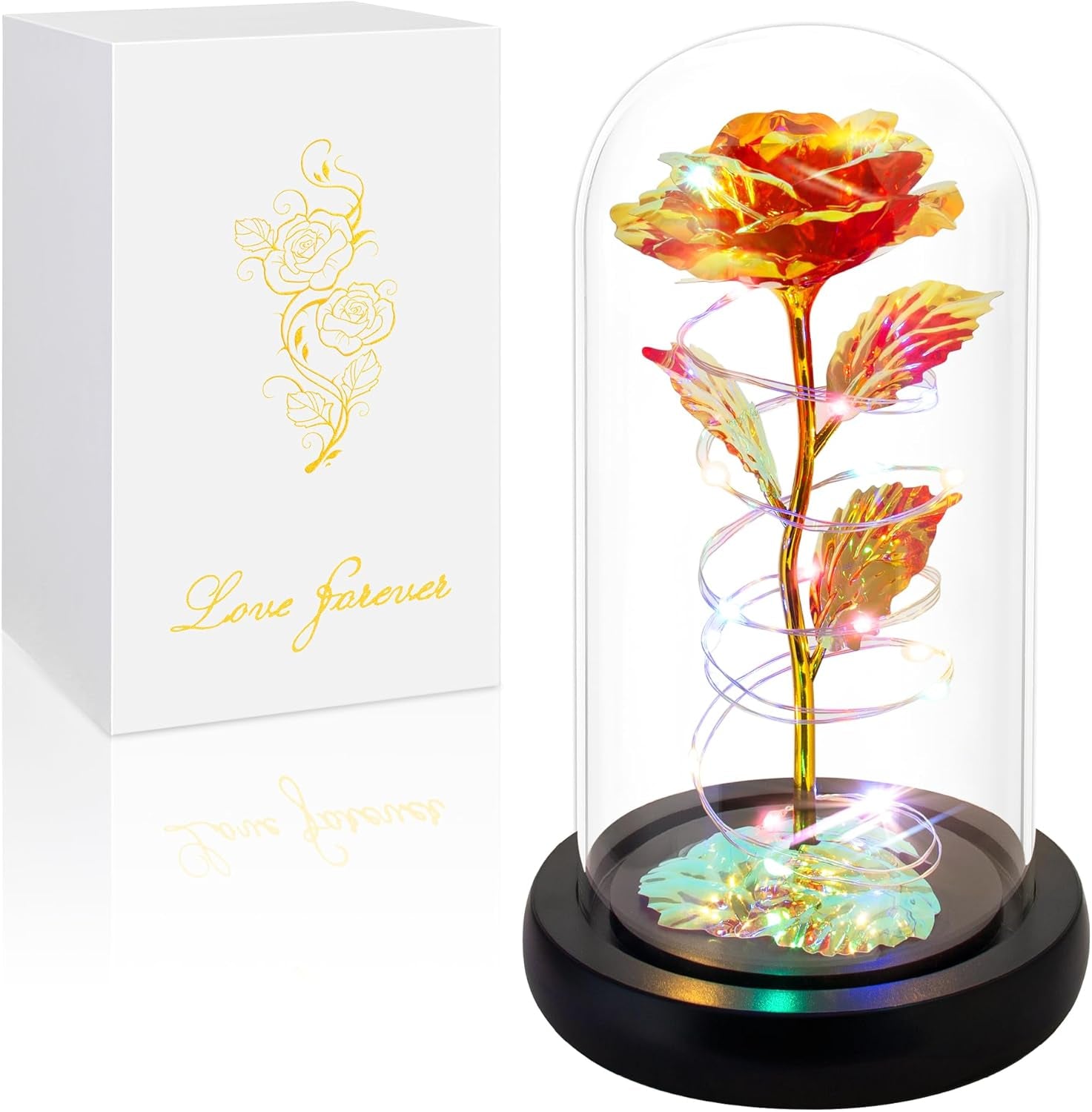 Colorful Light-Up Rose in Glass Dome | Mother’s Day & Birthday Gift for Mom, Wife, Grandma