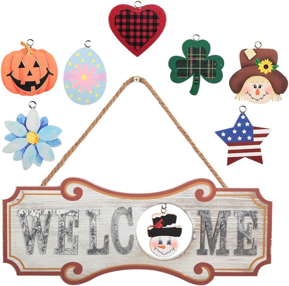 Wooden Interchangeable Welcome Sign with Wreath & Hardware (4.38" x 6.57")