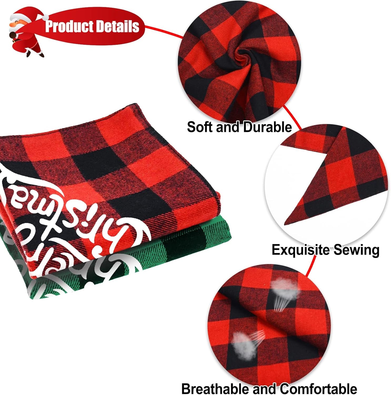 2-Pack Christmas Buffalo Plaid Dog Bandanas | Triangle Bibs for Small to Large Pets