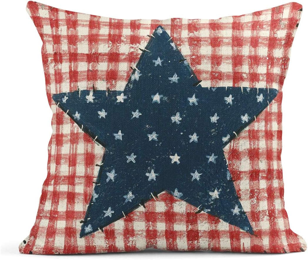 4th of July Linen Throw Pillow Covers | Set of 4 Patriotic Decor 18x18 Inch