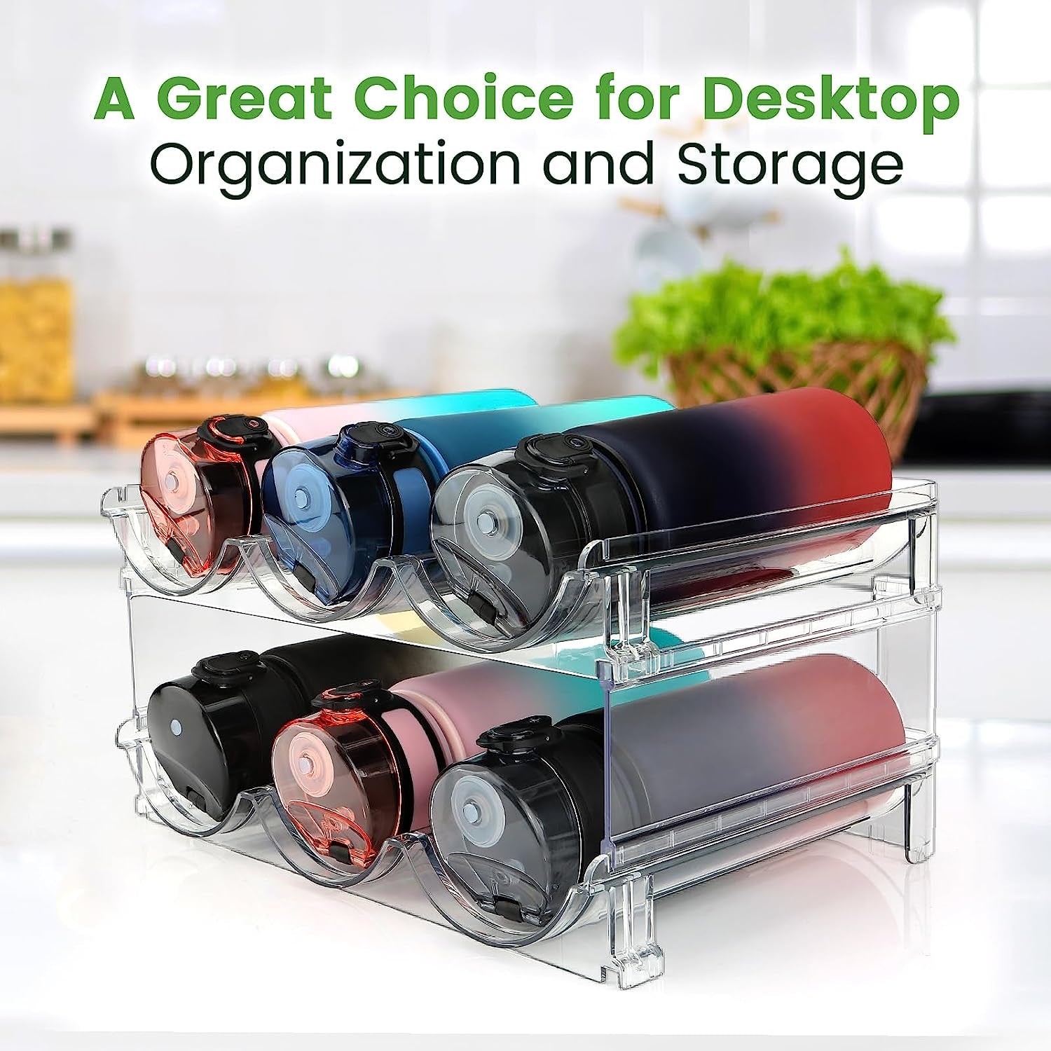 Water Bottle Organizer – 2-Pack Stackable Storage Rack for Cabinets