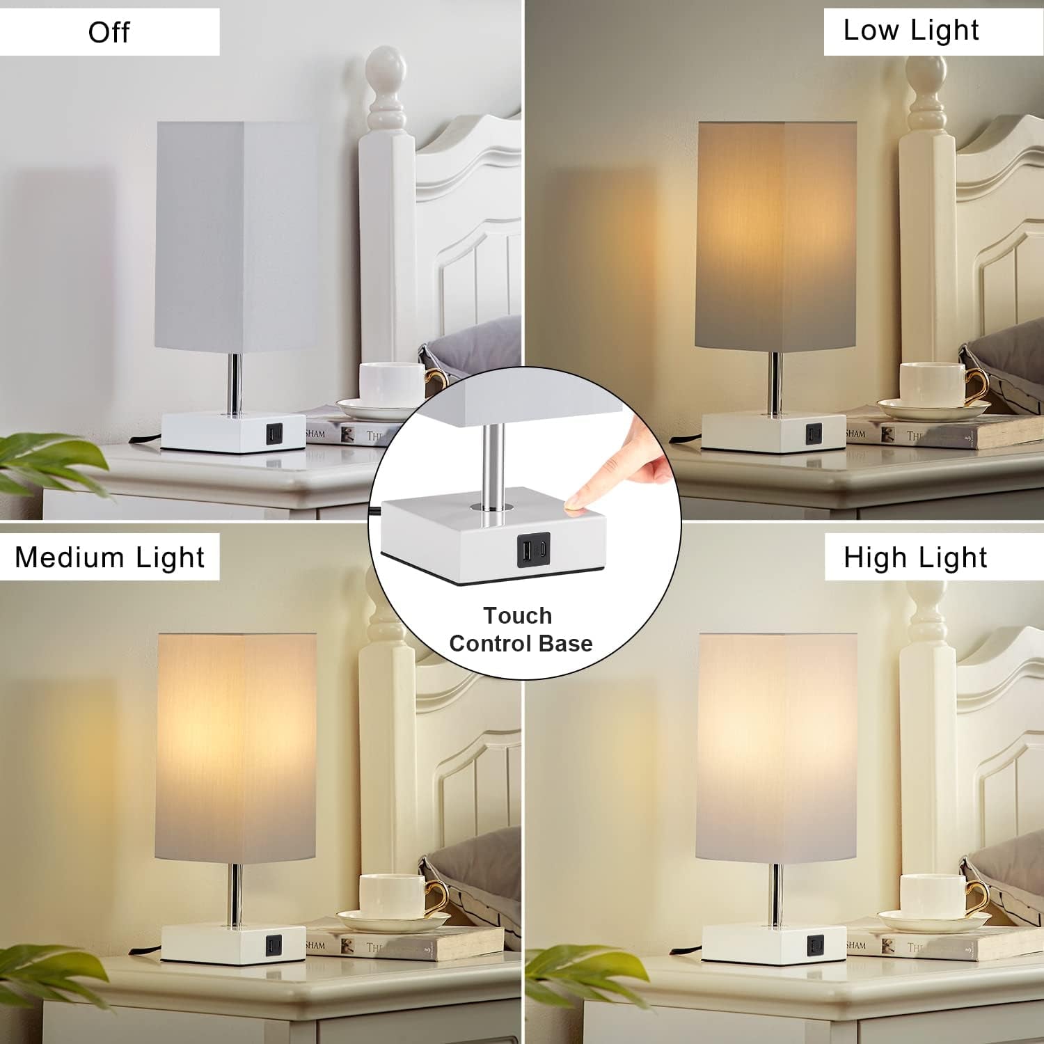 Touch Table Lamp with USB Ports | 3-Way Nightstand & Desk Lamp (Grey)