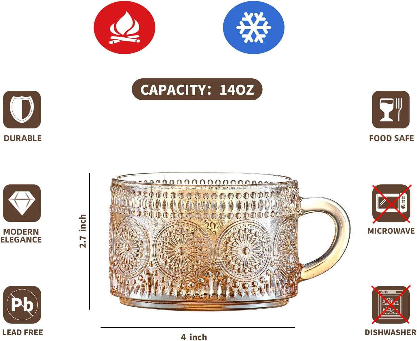 Vintage 14 Oz Amber Coffee Mugs Set of 2 | Glass Tea Cups for Latte & Cappuccino