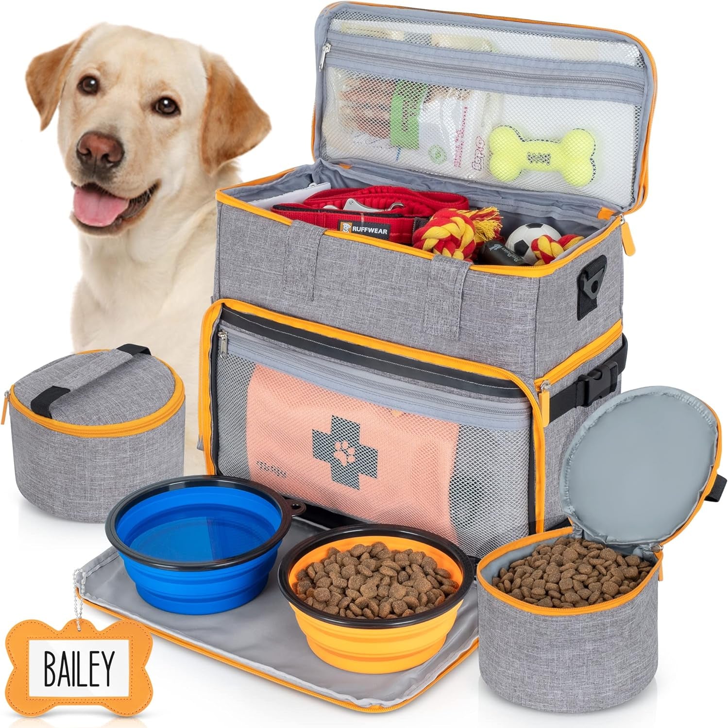 Airline Approved Dog Travel Bag with Tote Organizer, Food Containers & Collapsible Bowls - Gray