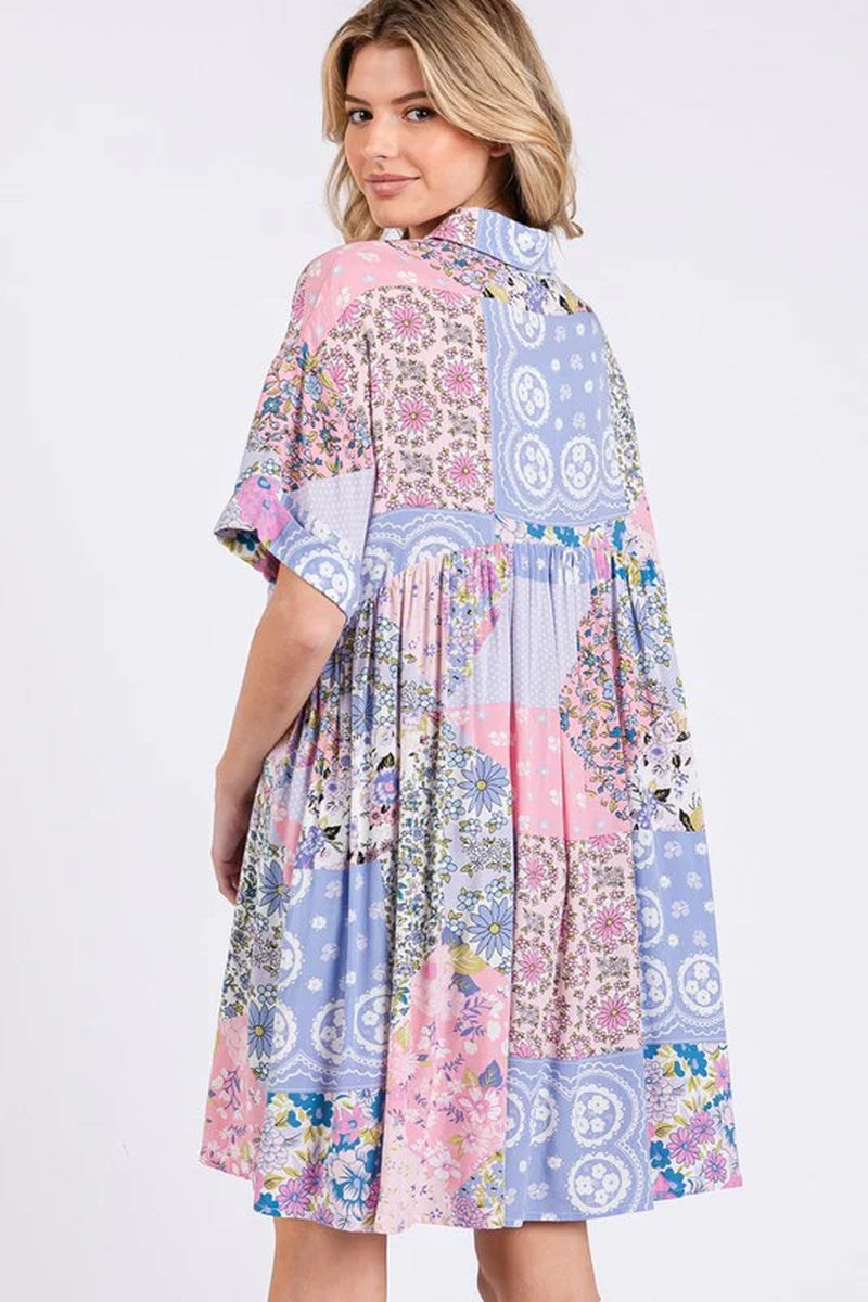 Floral Collared Half Sleeve Mini Shirt Dress