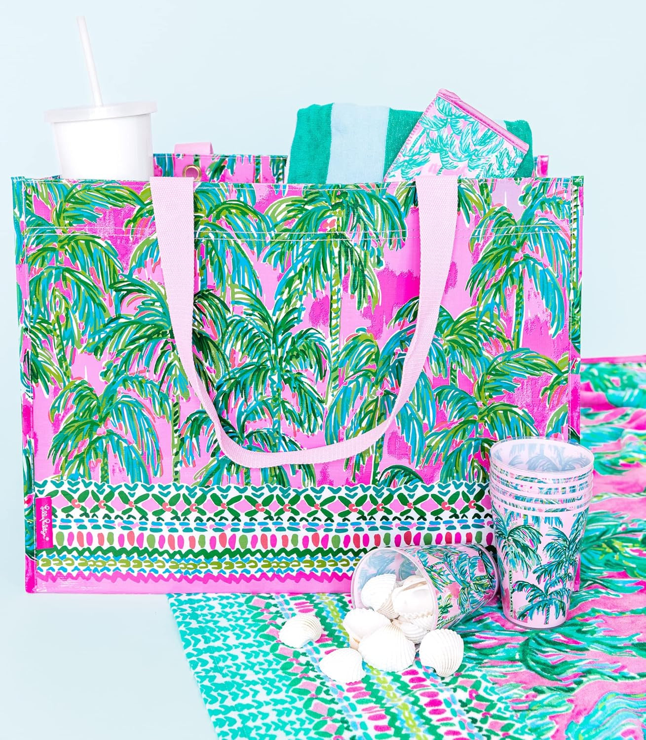 XL Reusable Market Shopper Bag with Shoulder Straps (Pink/Green)