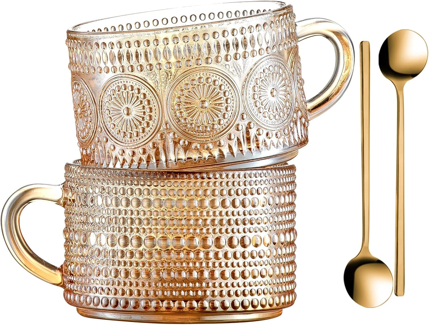 Vintage 14 Oz Amber Coffee Mugs Set of 2 | Glass Tea Cups for Latte & Cappuccino