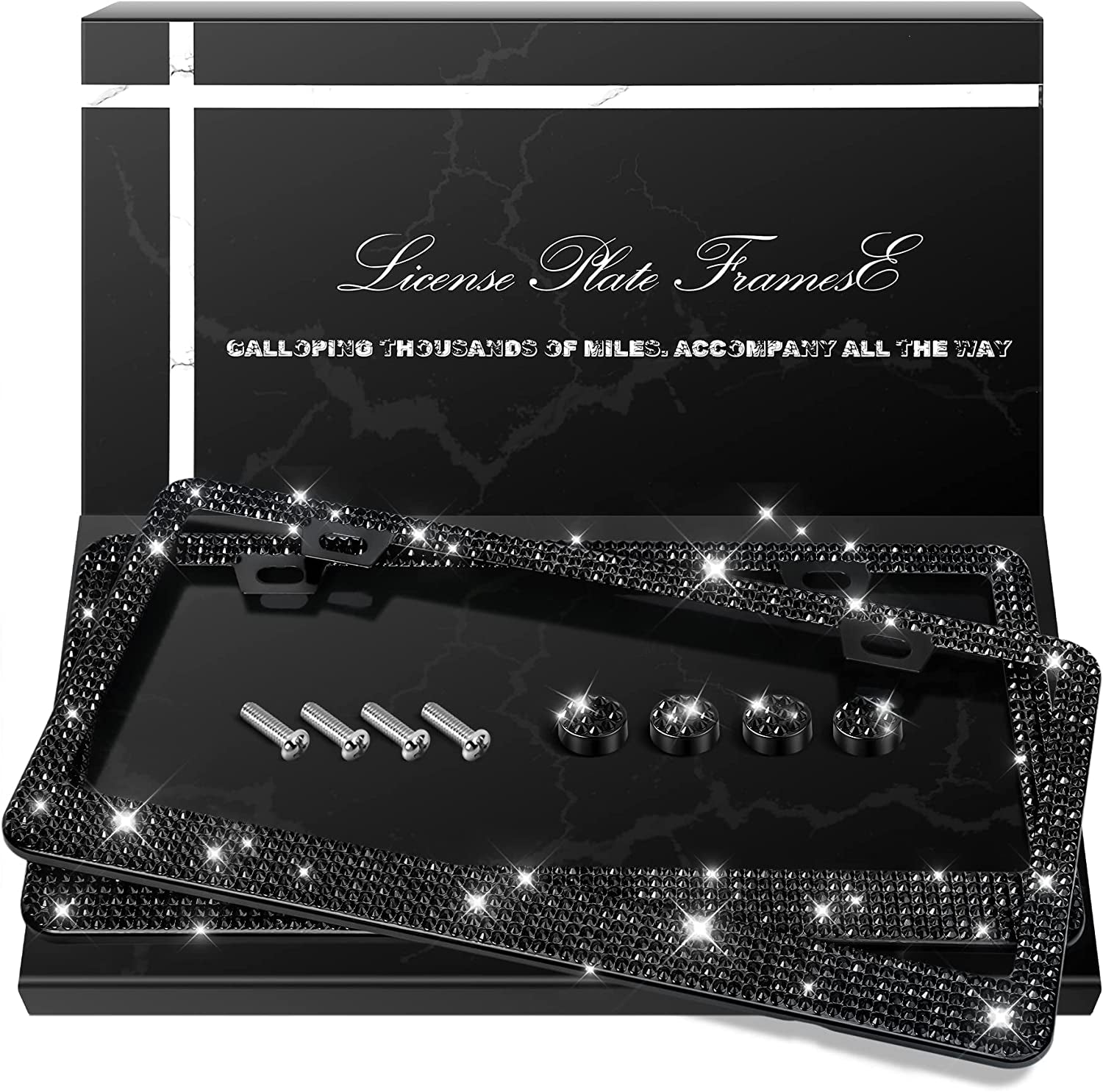 2-Pack Bling License Plate Frames | Rhinestone Car Covers with Glitter Crystals (Black)