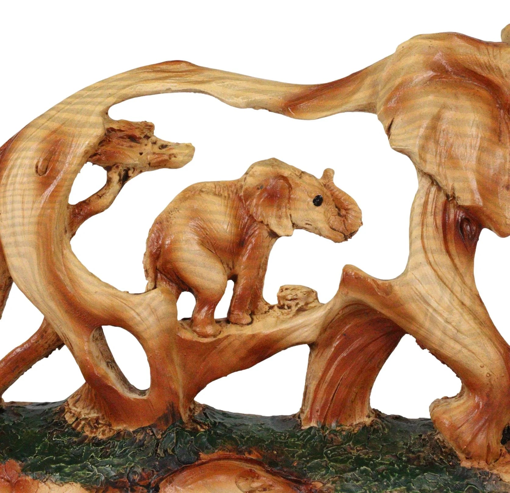 Faux Wood Elephant Family Garden Statue 4.5 Inch