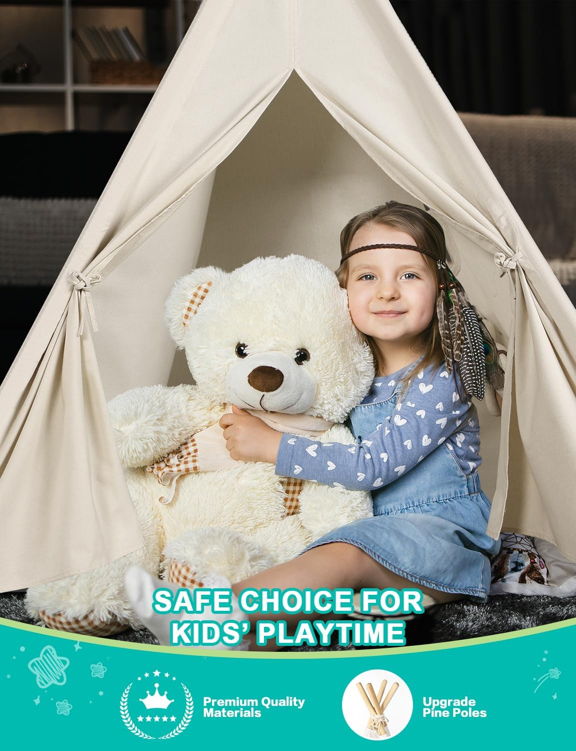 Kids Teepee Tent – Foldable Canvas Play Tent with Lights & Bag for Indoor/Outdoor Use