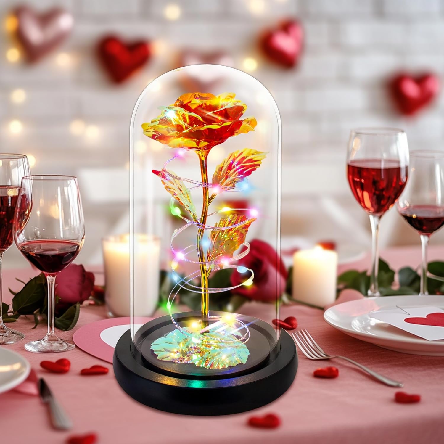 Colorful Light-Up Rose in Glass Dome | Mother’s Day & Birthday Gift for Mom, Wife, Grandma