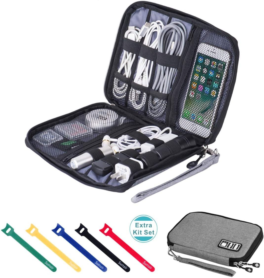 Travel Cable Organizer Bag | Waterproof Electronics Accessories Case with 5 Cable Ties (Grey)