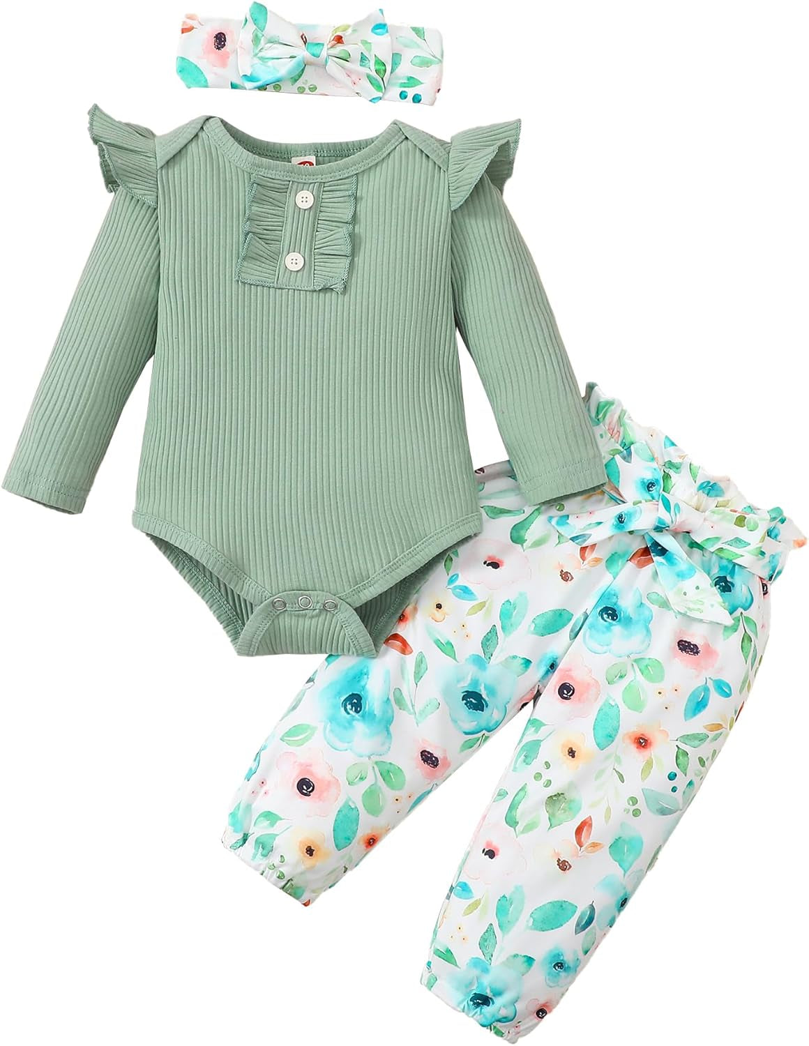 Newborn Baby Girl Outfit | Ruffled Romper, Floral Pants & Headband
