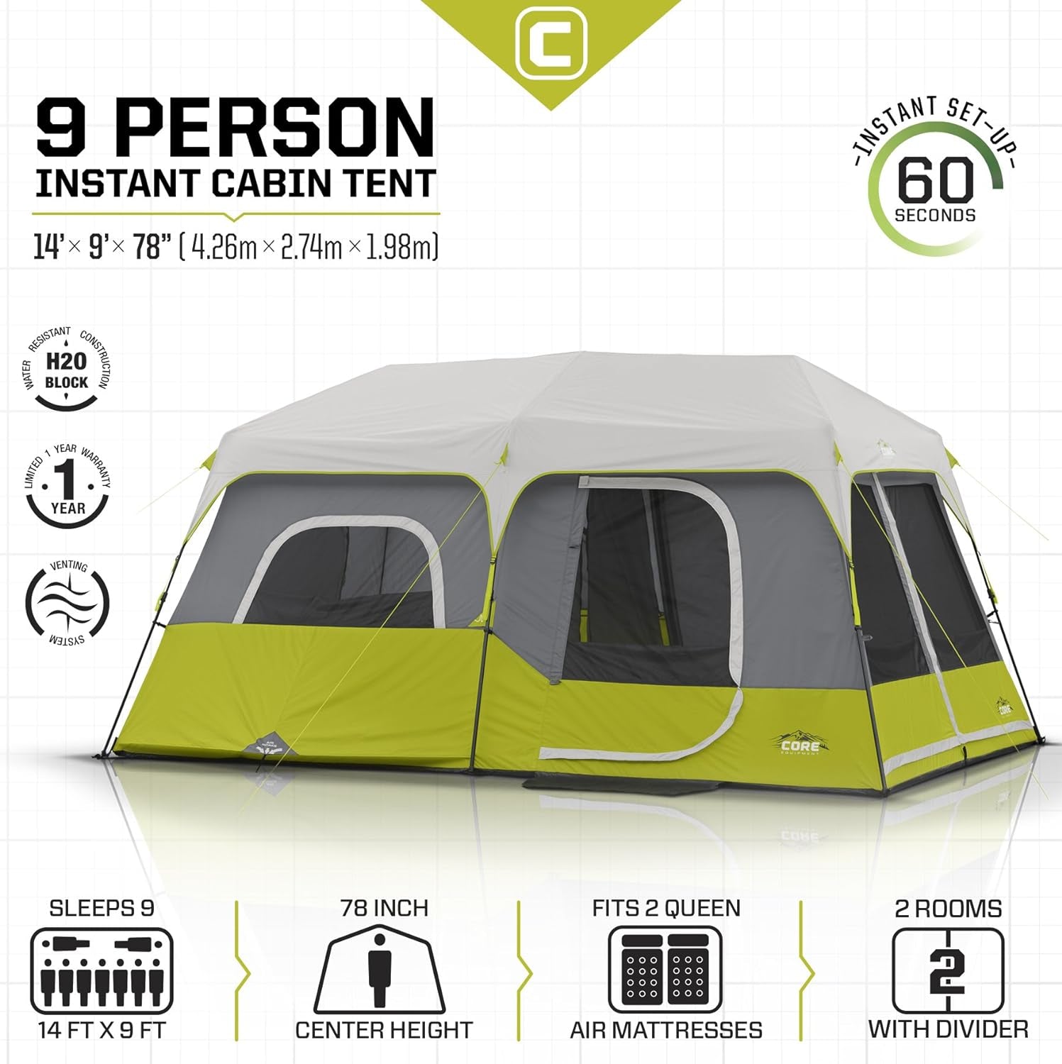 9-Person Instant Cabin Tent 14' x 9' - Green 