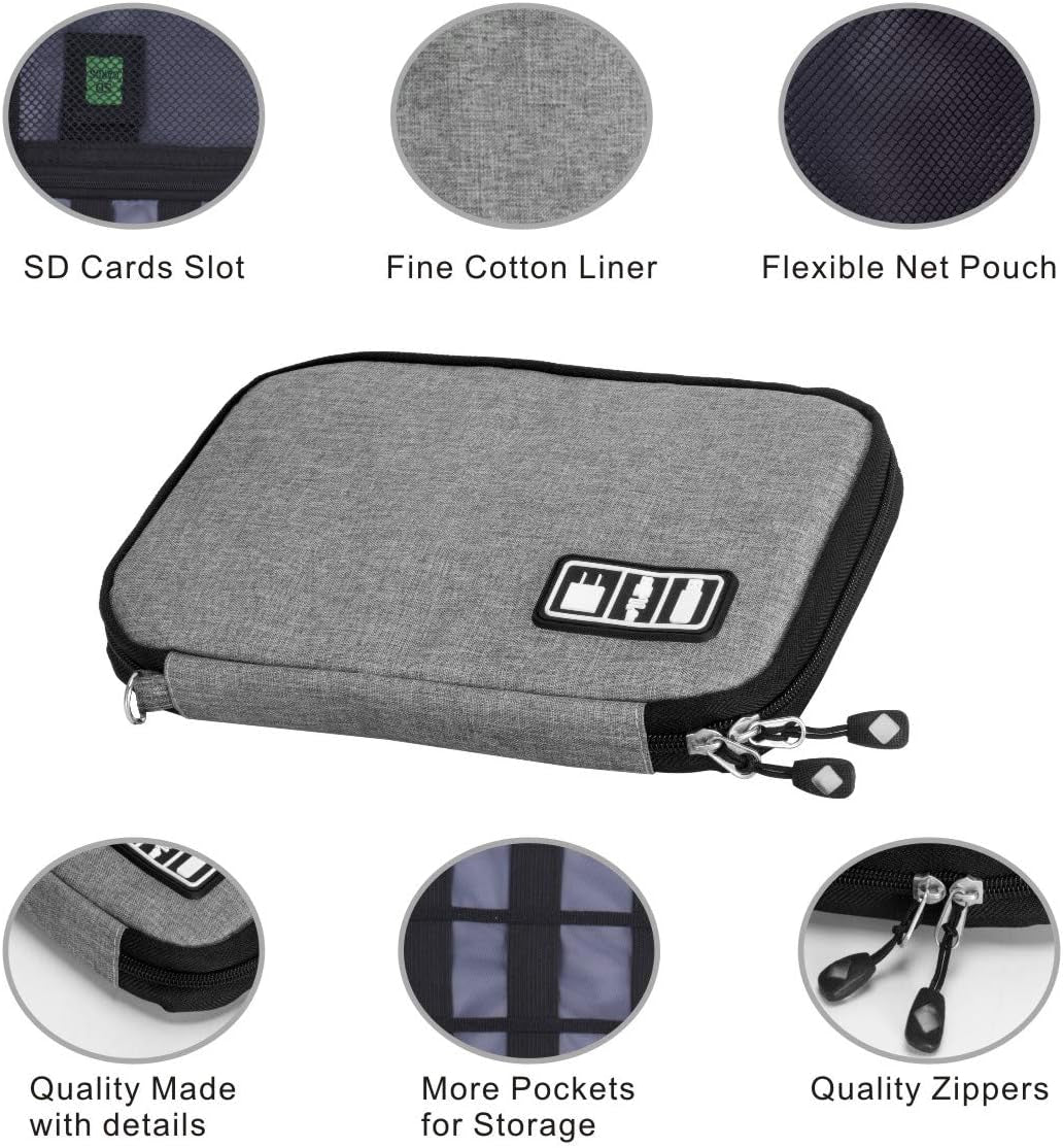 Travel Cable Organizer Bag | Waterproof Electronics Accessories Case with 5 Cable Ties (Grey)