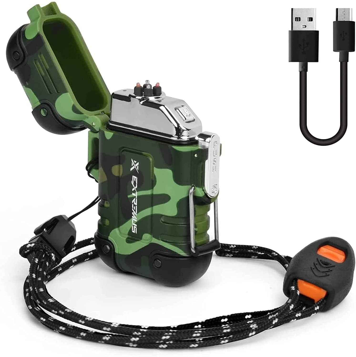 Rechargeable Dual Arc Plasma Lighter | Windproof & Waterproof with Whistle Lanyard