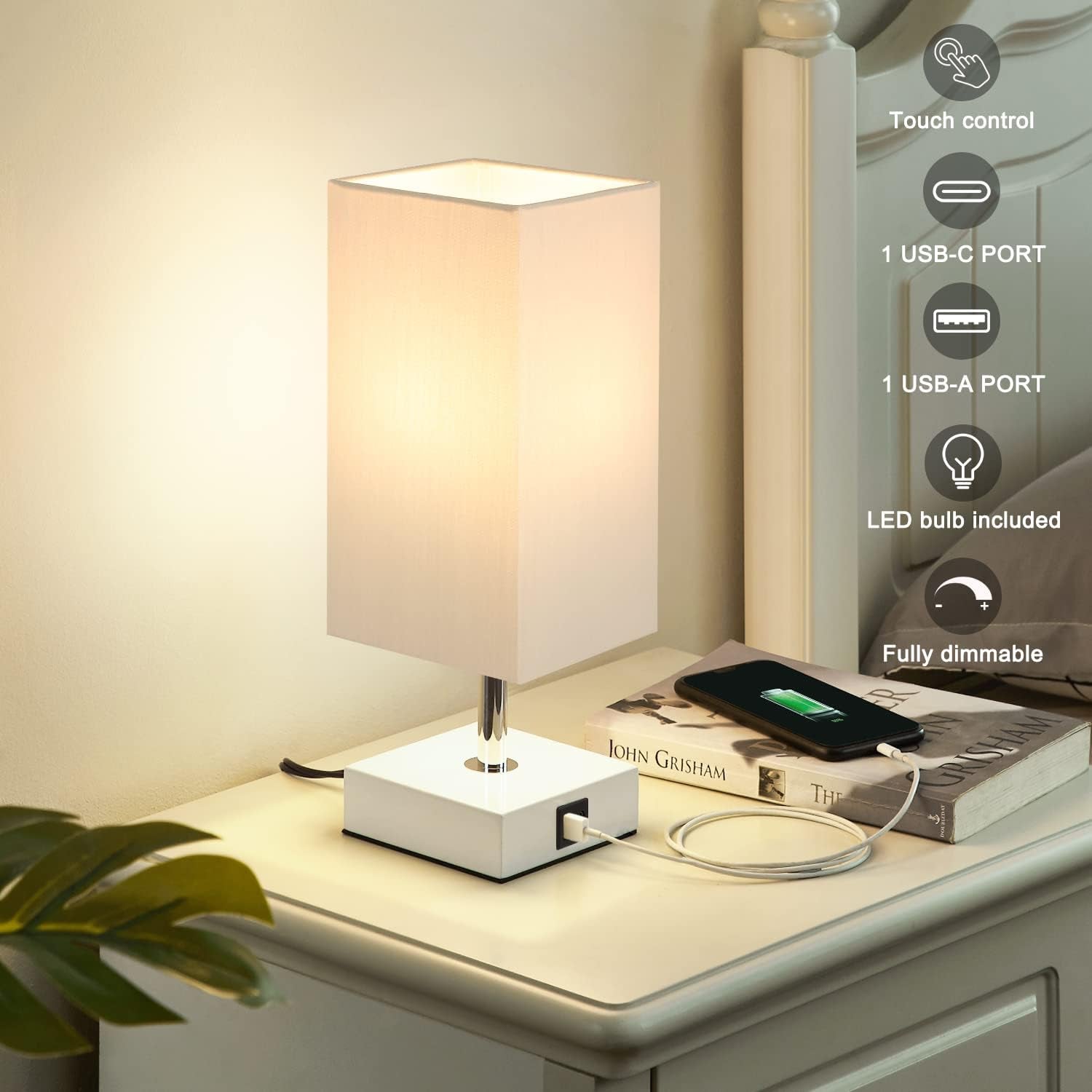 Touch Table Lamp with USB Ports | 3-Way Nightstand & Desk Lamp (Grey)