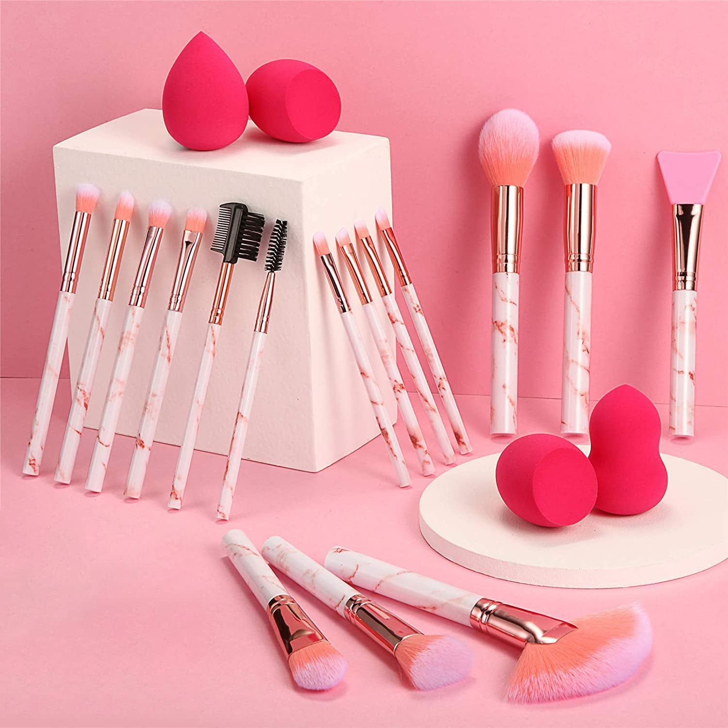 16PCS Professional Makeup Brushes Set | Marble Handle with Sponge Blenders & Tools