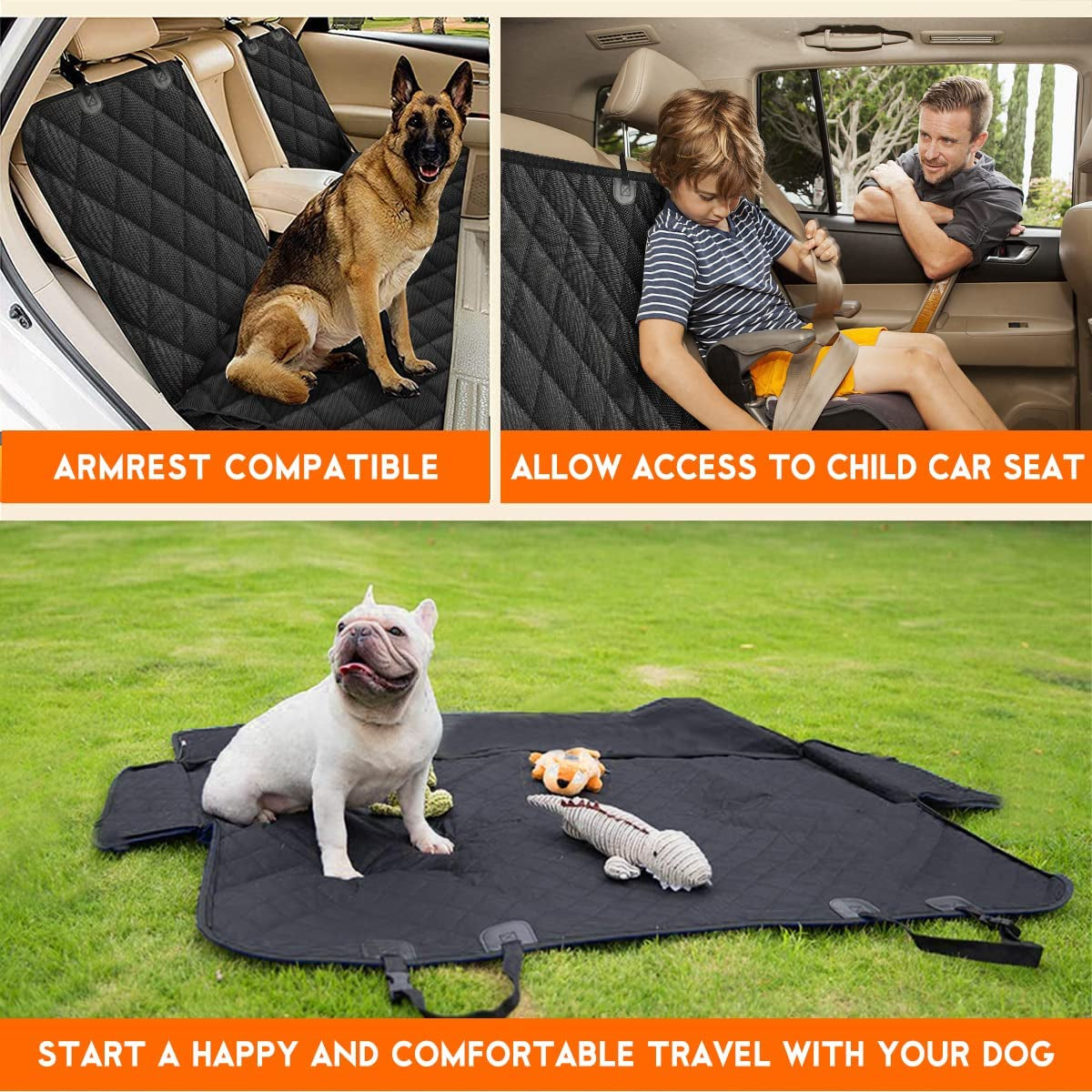 Dog Car Seat Cover | Waterproof Back Seat Protector for Dogs, Non-Slip Bench Cover (Black)