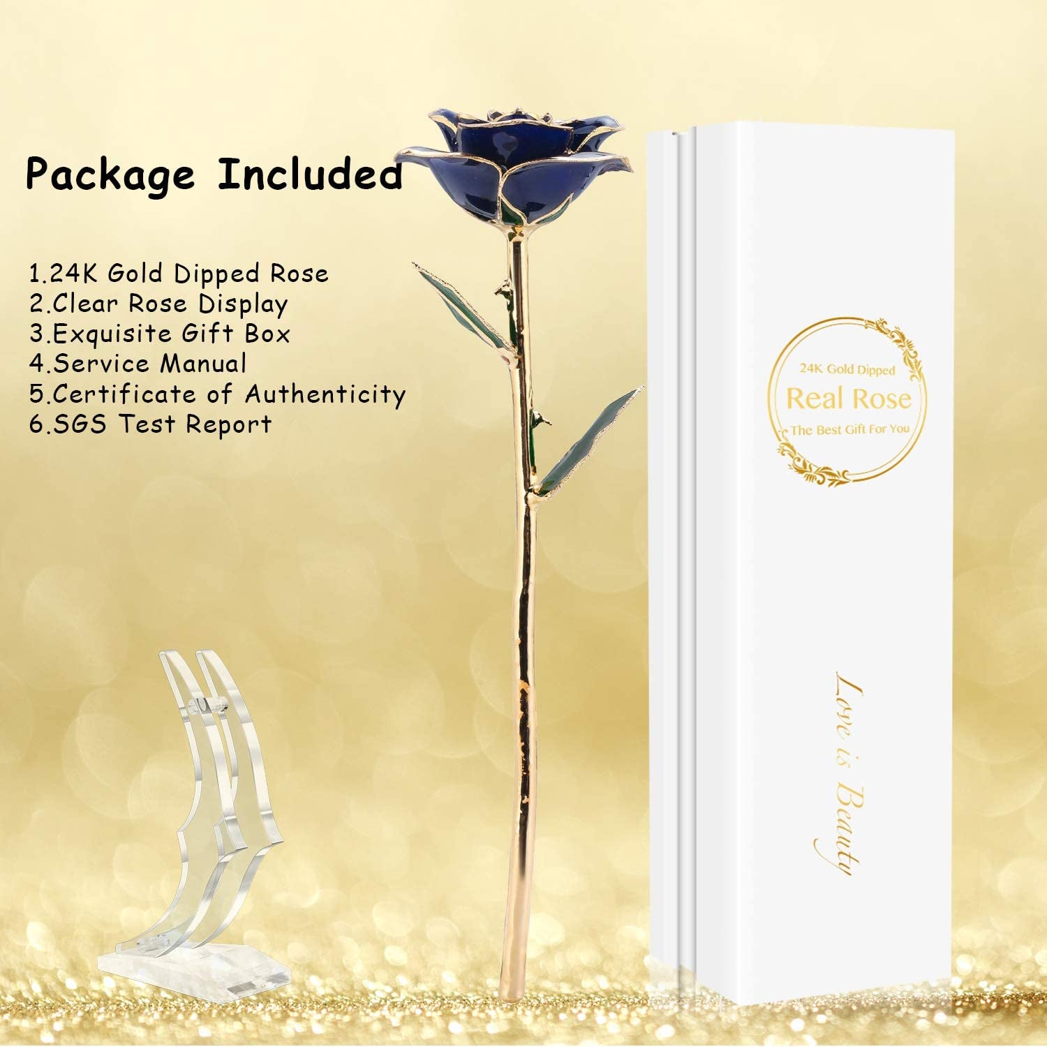 24K Golden Rose Birthday Gift for Her | Real Fresh Long Stem Rose with Stand (Blue)