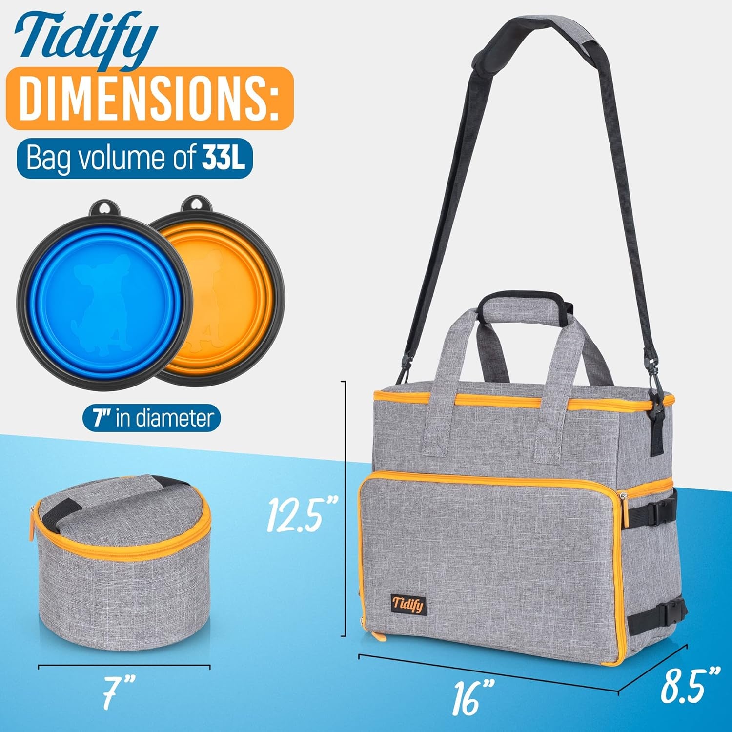 Airline Approved Dog Travel Bag with Tote Organizer, Food Containers & Collapsible Bowls - Gray