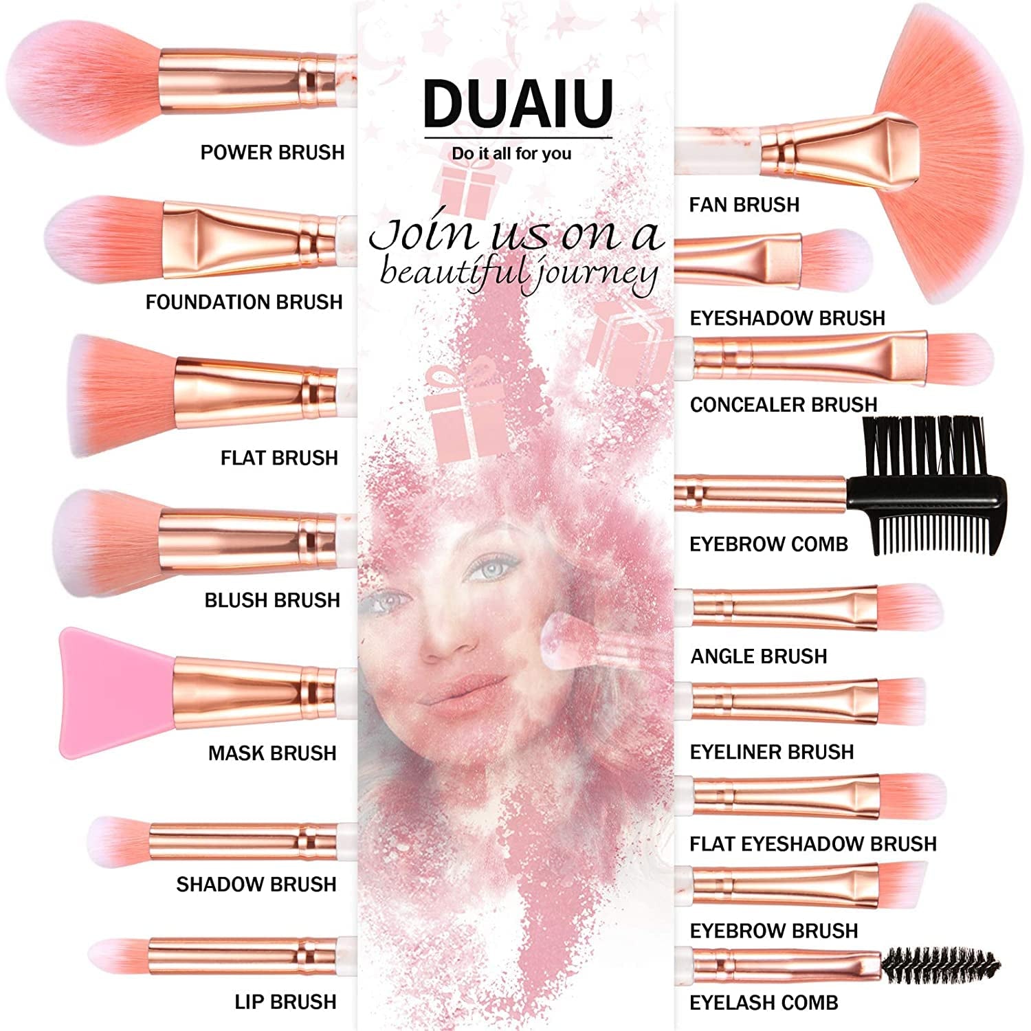 16PCS Professional Makeup Brushes Set | Marble Handle with Sponge Blenders & Tools