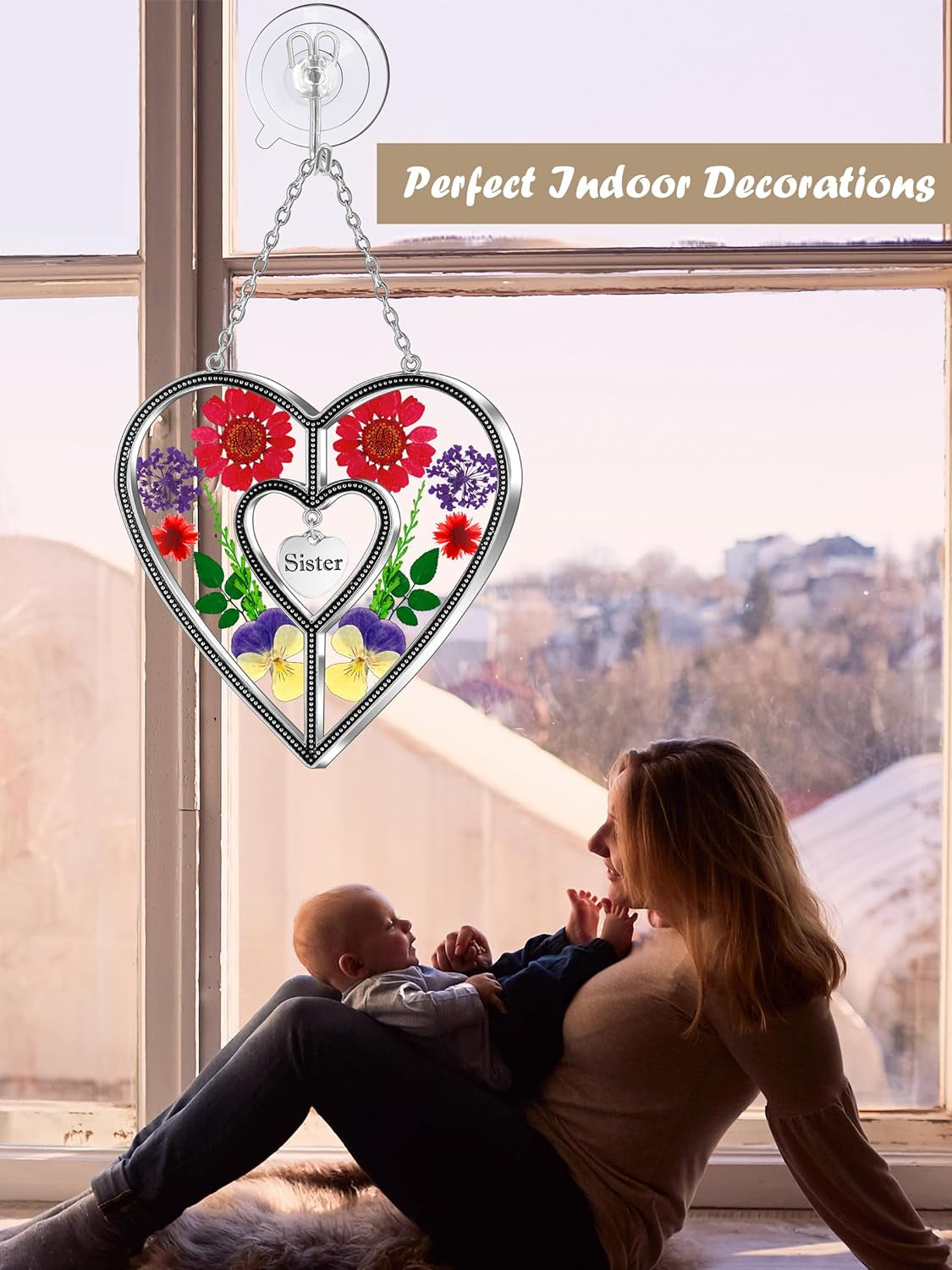 Heart Suncatcher with Real Flower | Stained Glass Window Hanging for Women